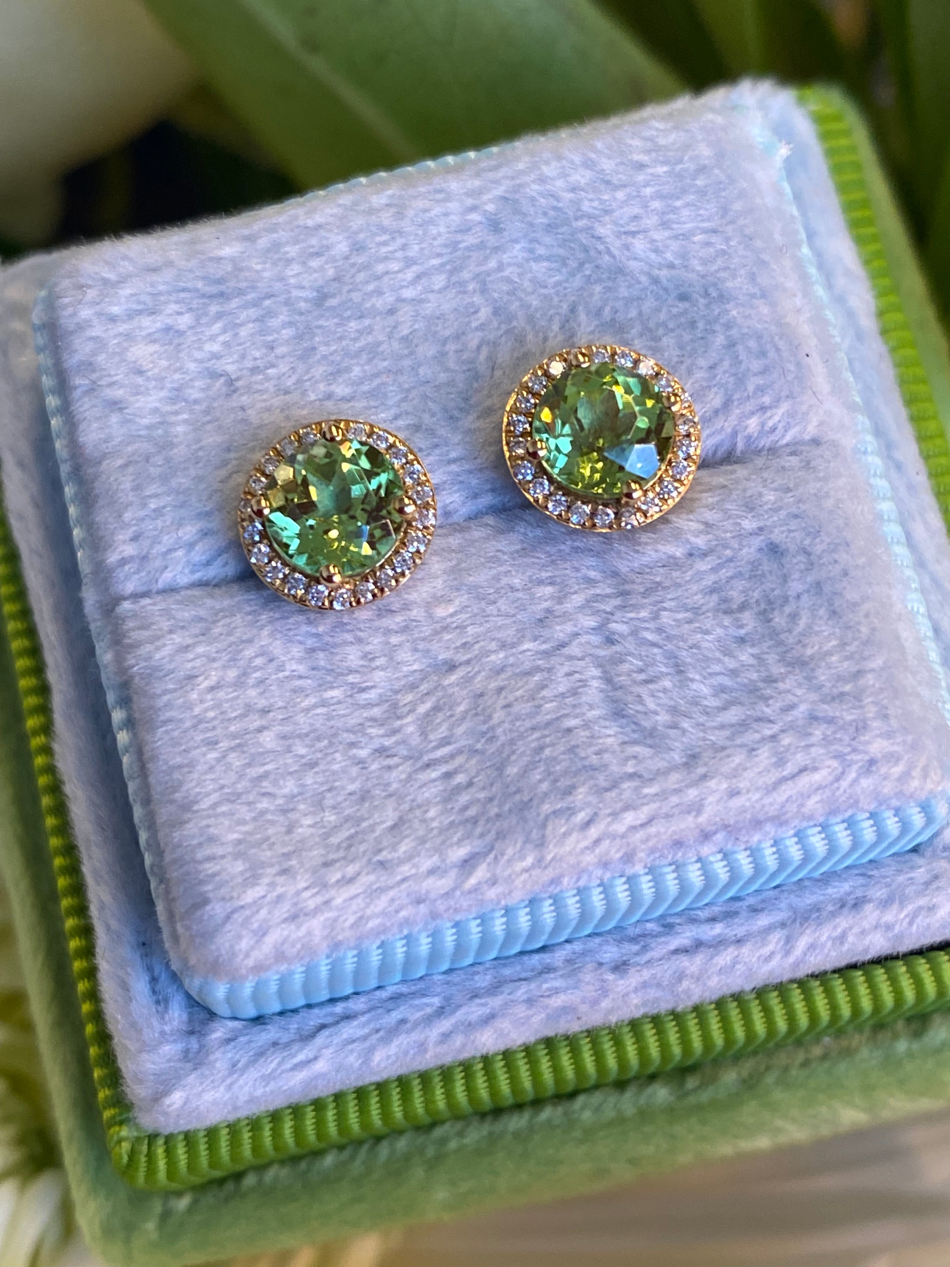 Peridot and Diamond Halo Stud Earrings in 18ct Yellow Gold