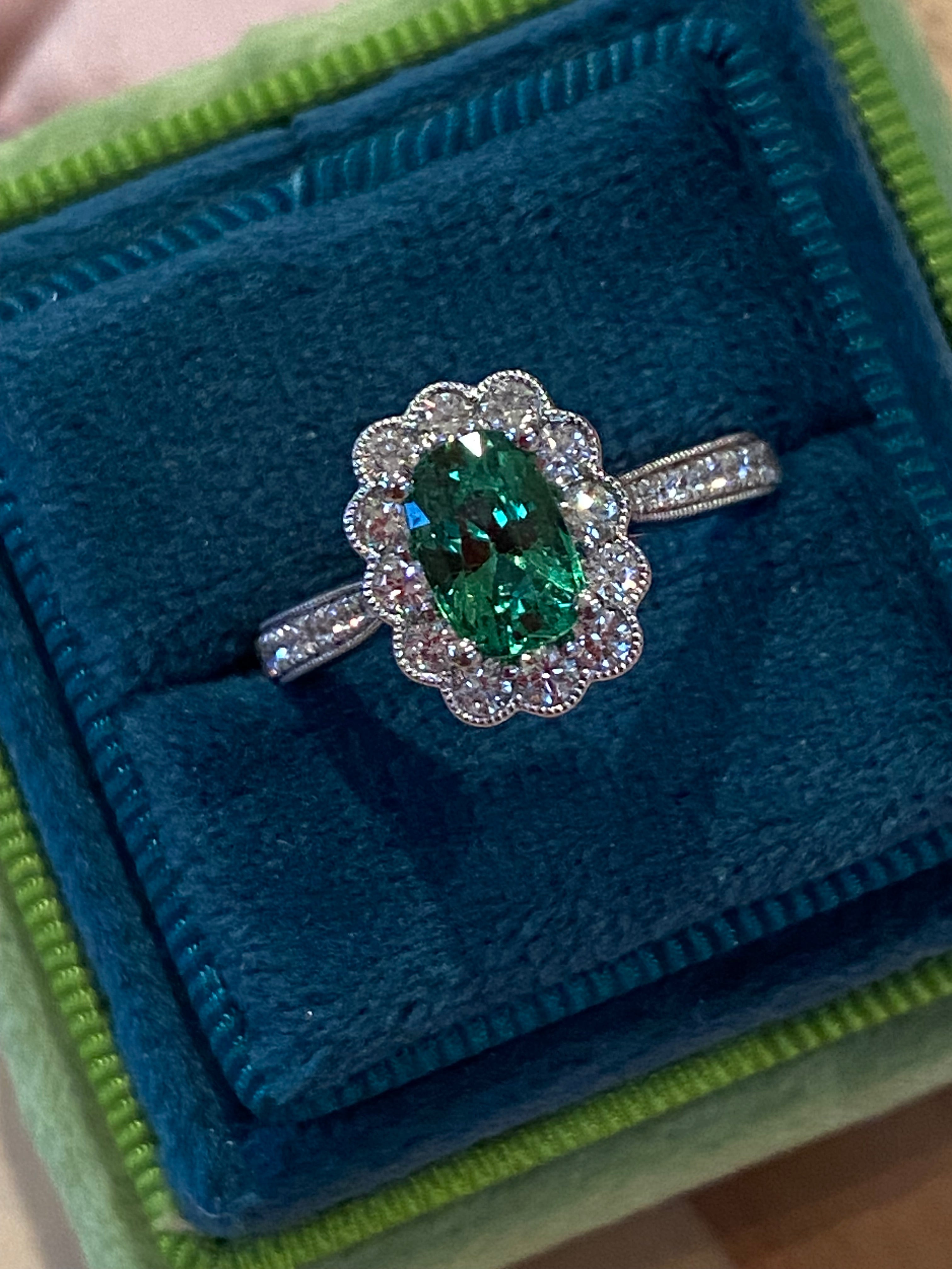 1.75 CTW Tsavorite Garnet and Natural Diamond Halo Ring in Platinum