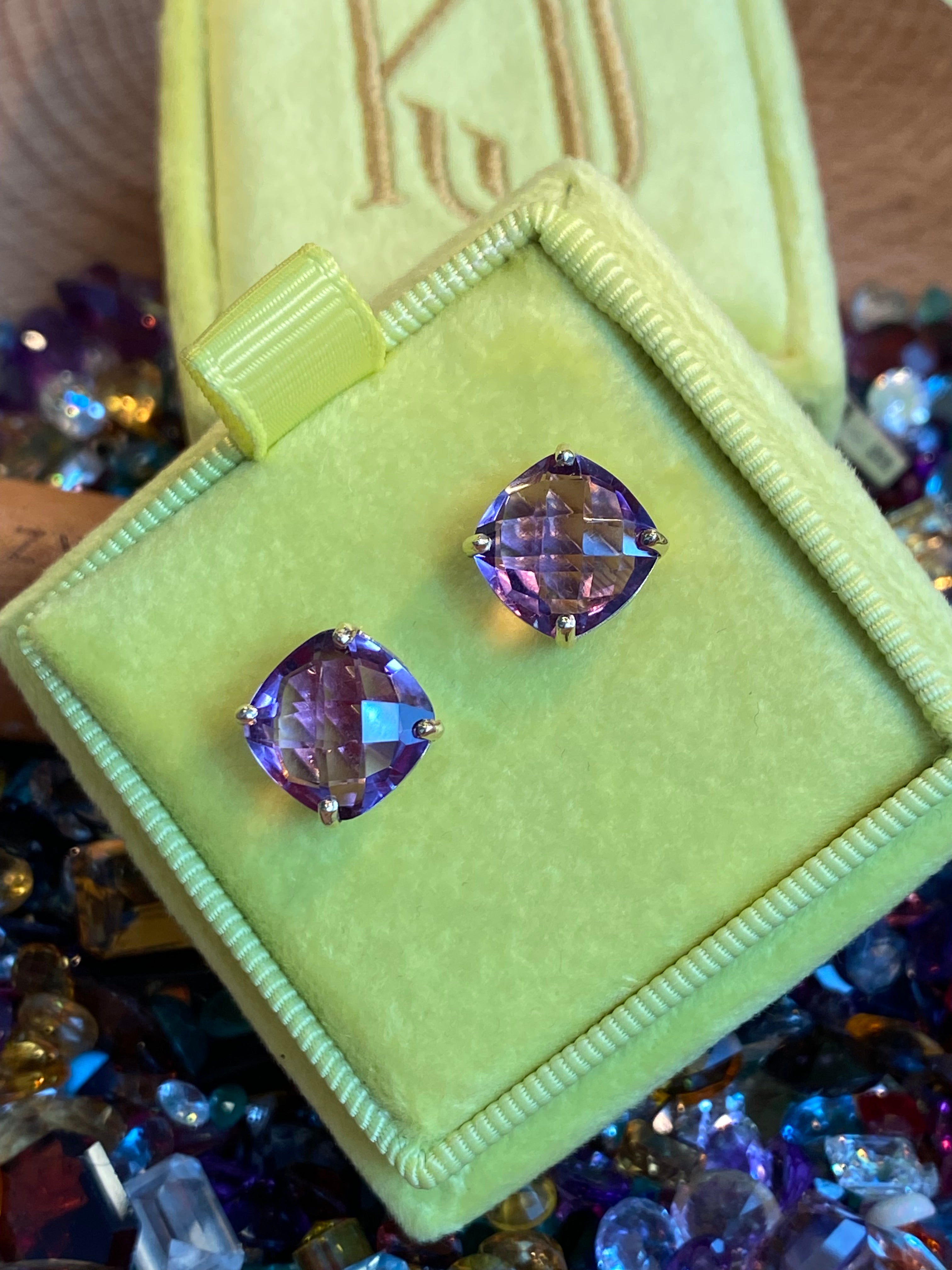 Cushion Chequerboard Cut Rose De France Amethyst Stud Earrings in 9ct Yellow Gold
