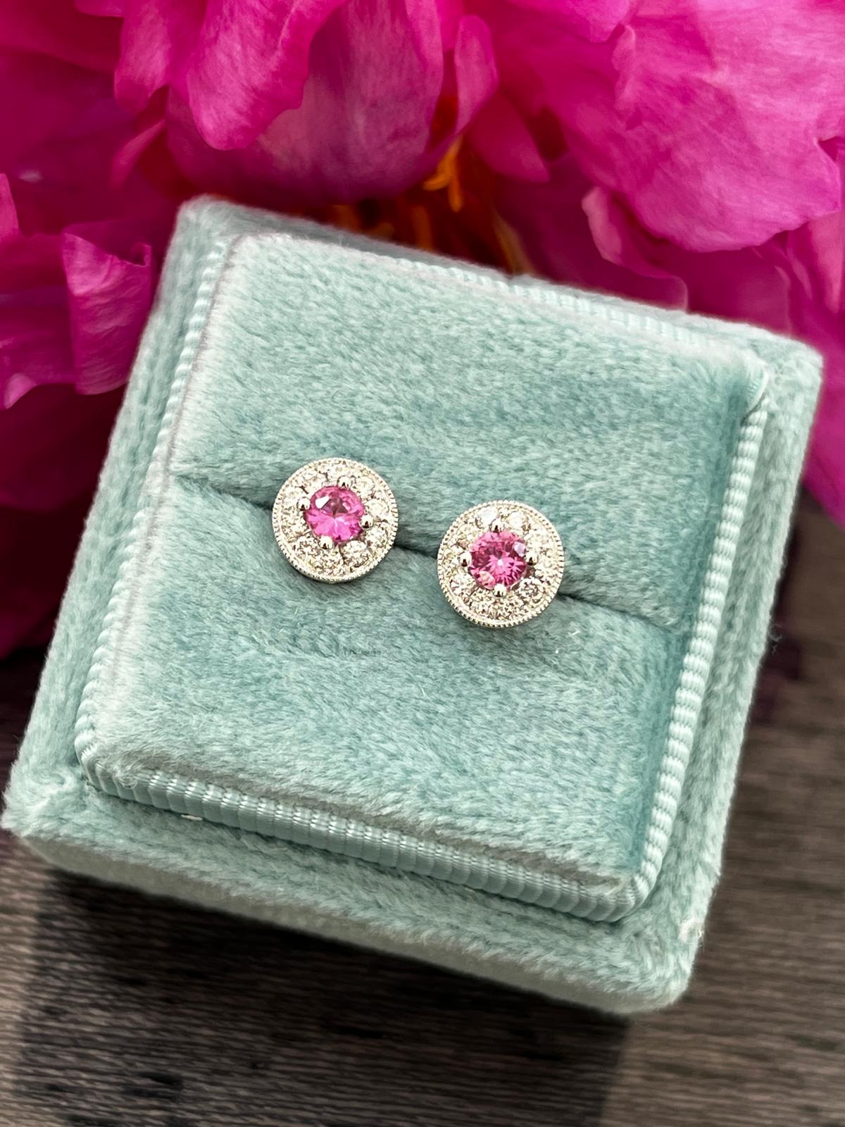 Pink Sapphire and Natural Diamond Halo Stud Earrings in 18ct White Gold