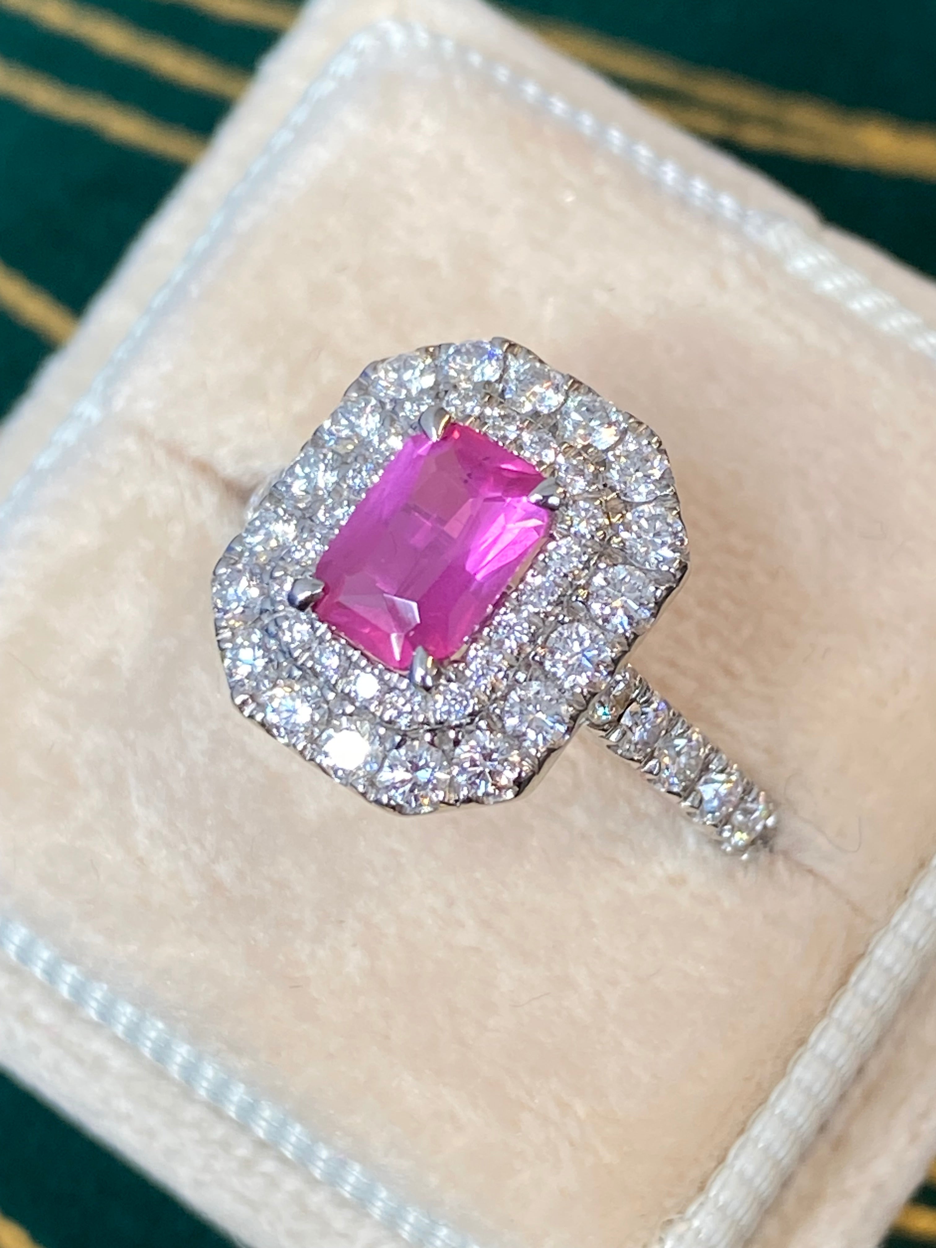 1.75 CTW Radiant Cut Pink Sapphire and Natural Diamond Double Halo Ring in Platinum