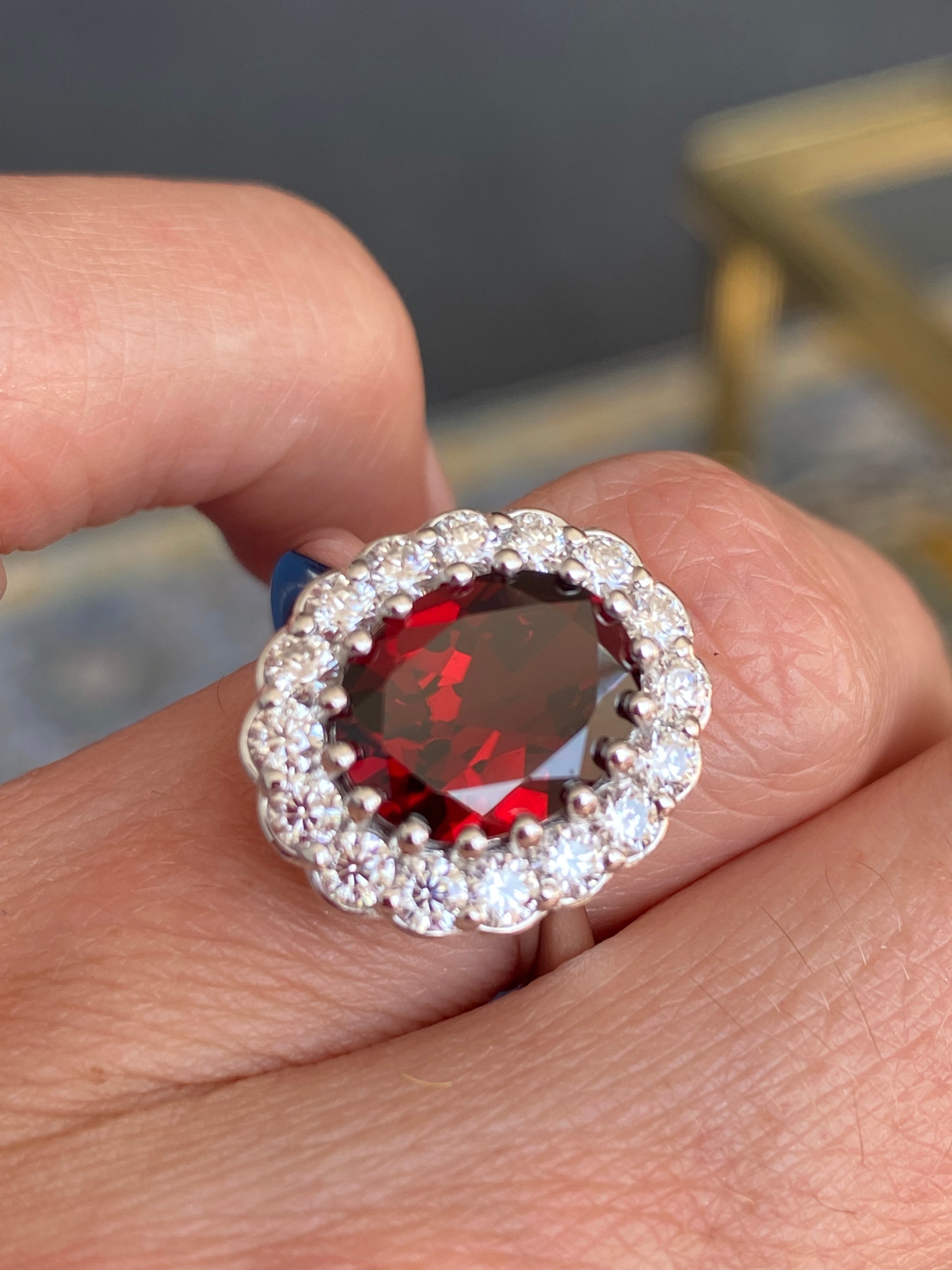 5.50 CTW Oval Cut Garnet and Moissanite Halo Cocktail Ring