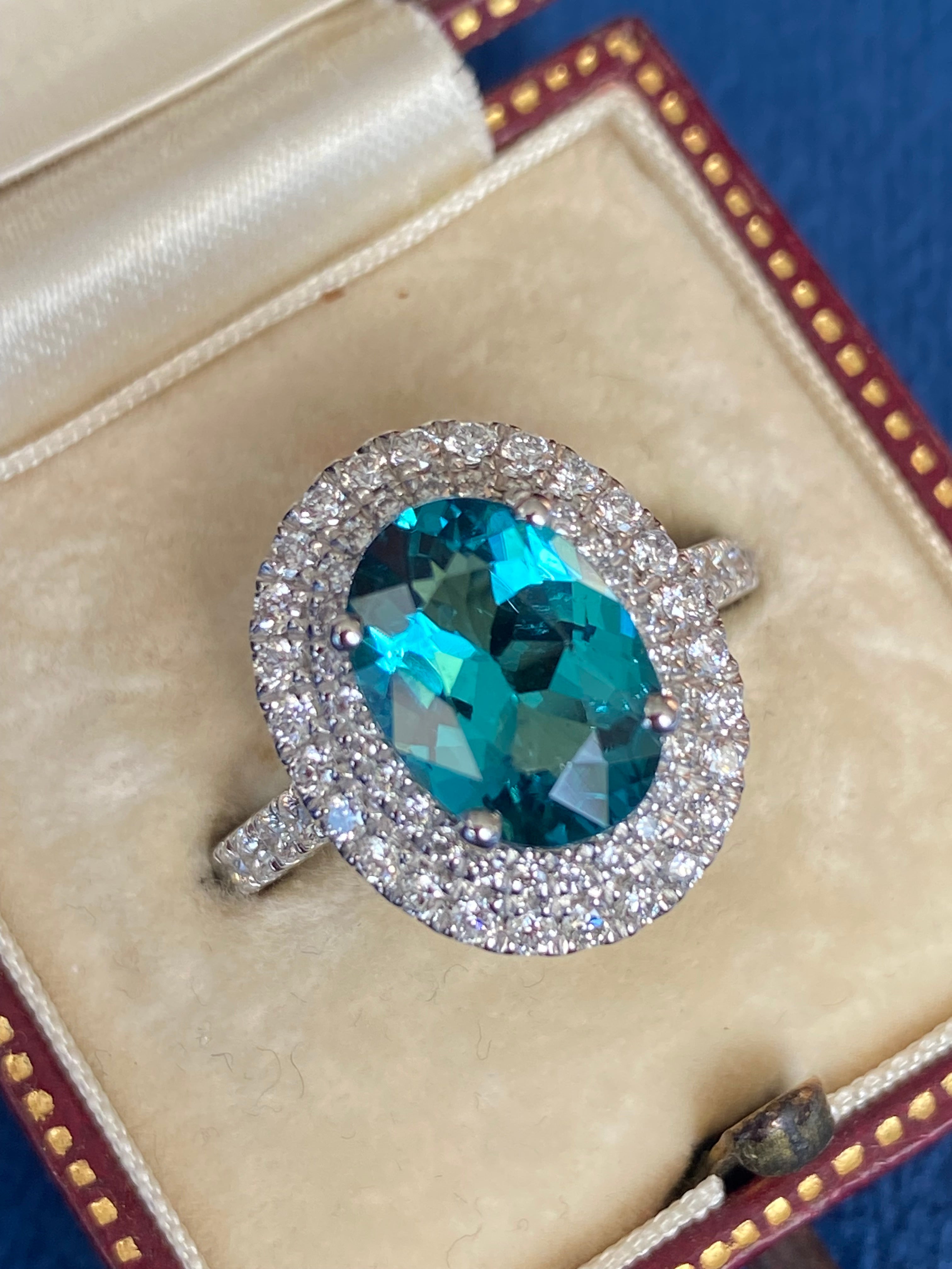 2.43 Carat Lagoon Tourmaline and Natural Diamond Double Halo Ring in Platinum