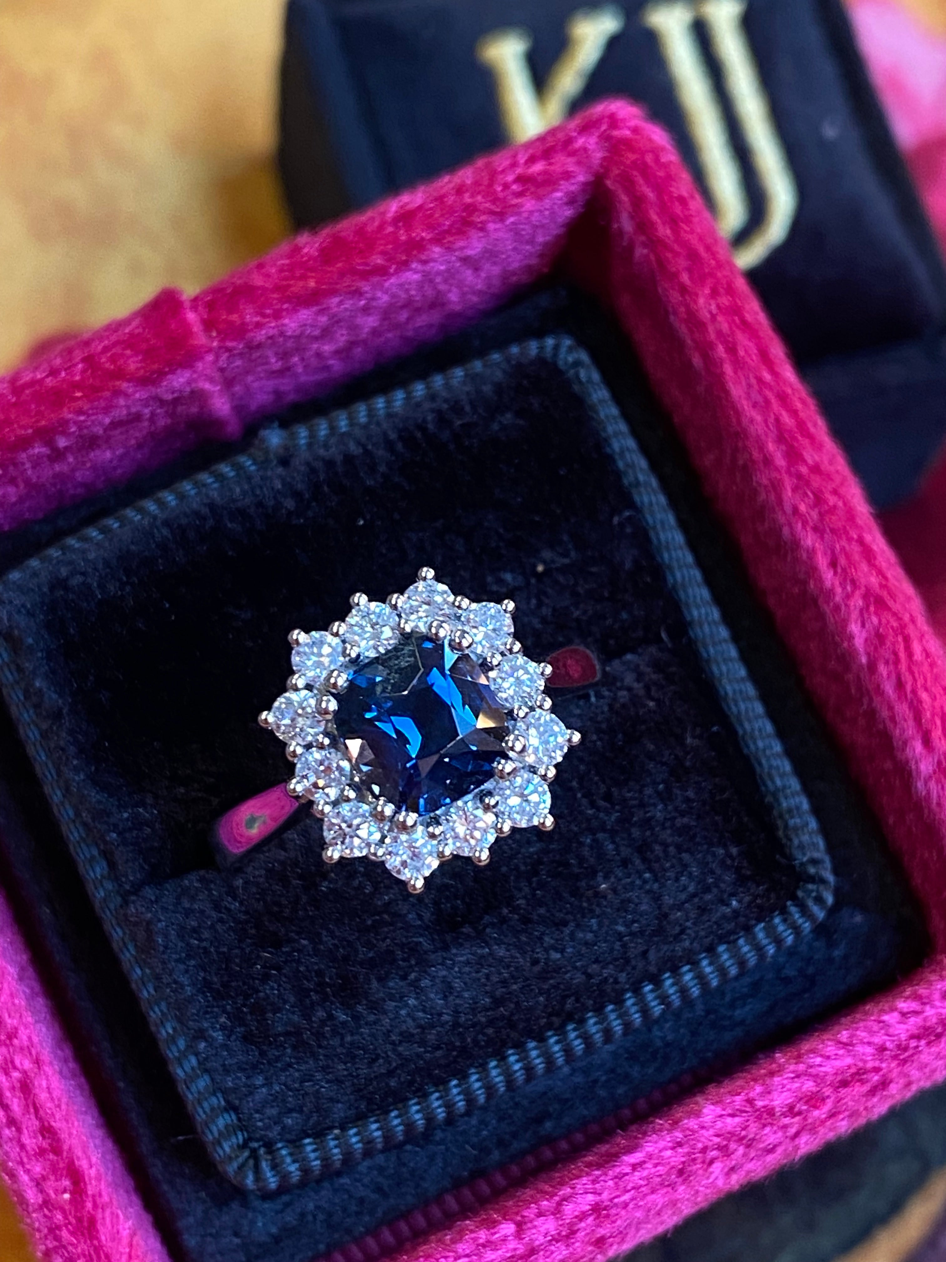2.00 Carat Cushion Cut Teal Sapphire and Natural Diamond Halo Ring in Platinum