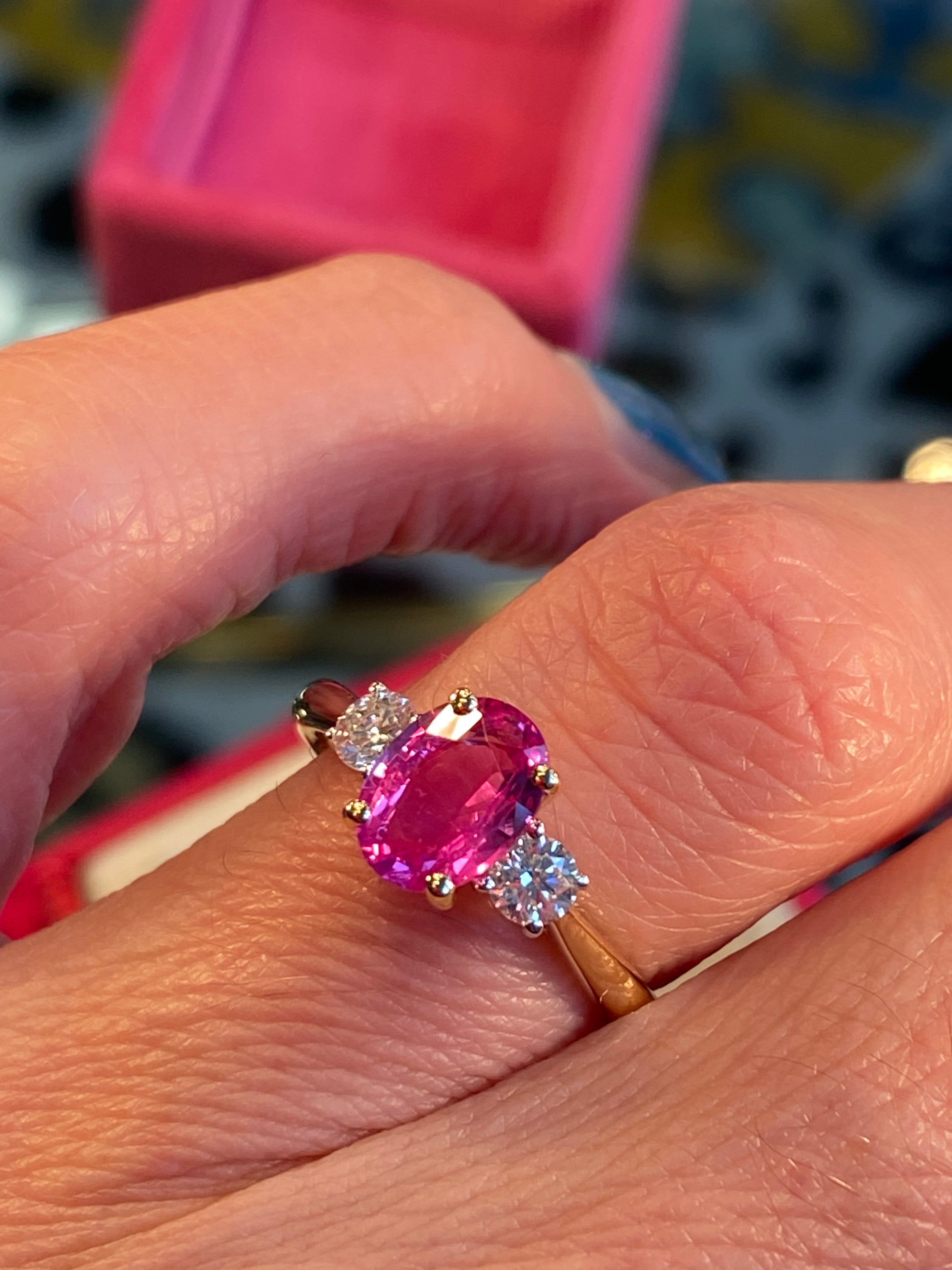 1.23 Carat No Heat Ceylon Pink Sapphire and Natural Diamond Three Stone Engagement Ring in Platinum and 18ct Yellow Gold