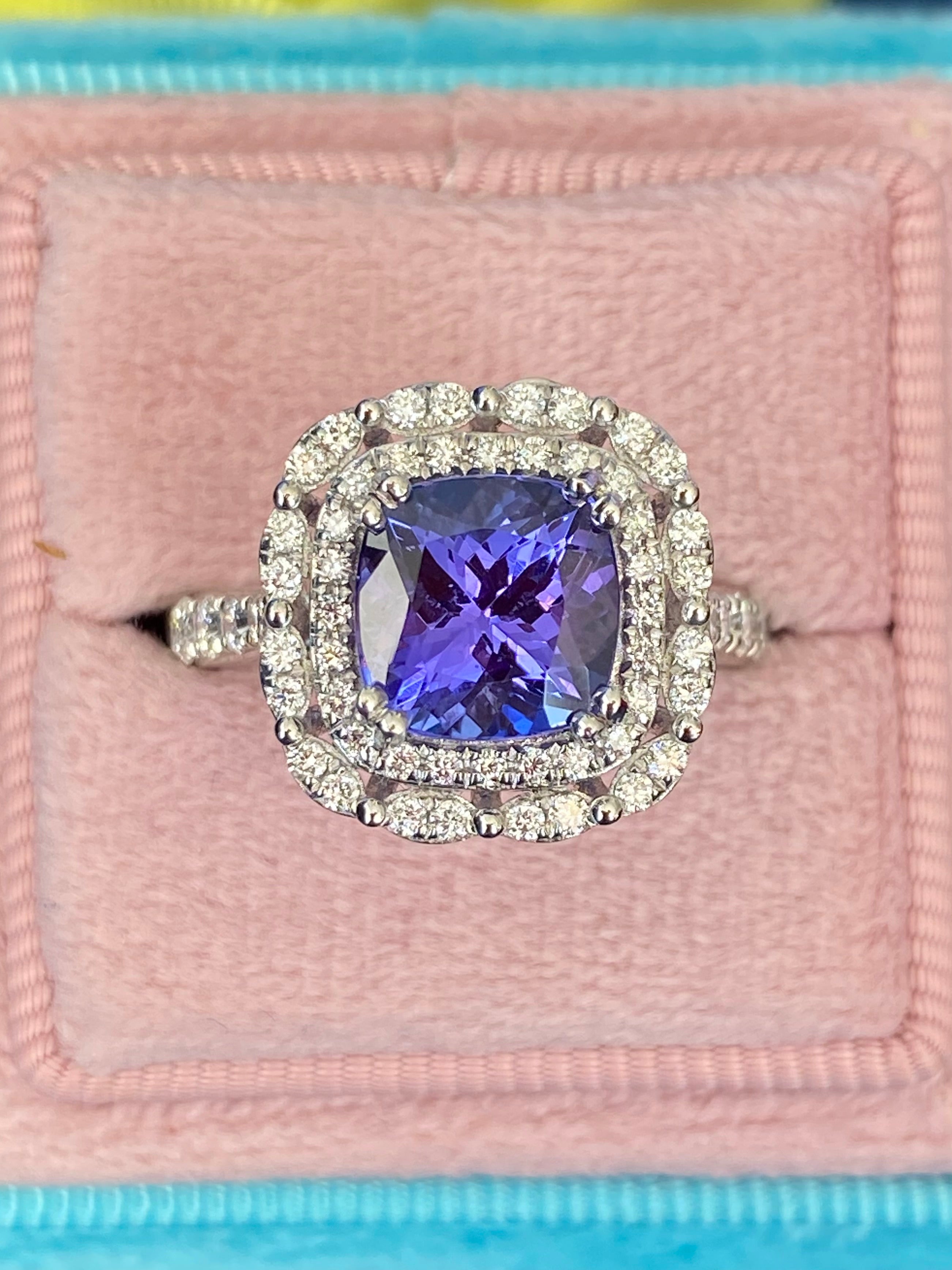 2.36 Carat Cushion Cut Tanzanite and 0.71 ctw Natural Diamond Ring in Platinum