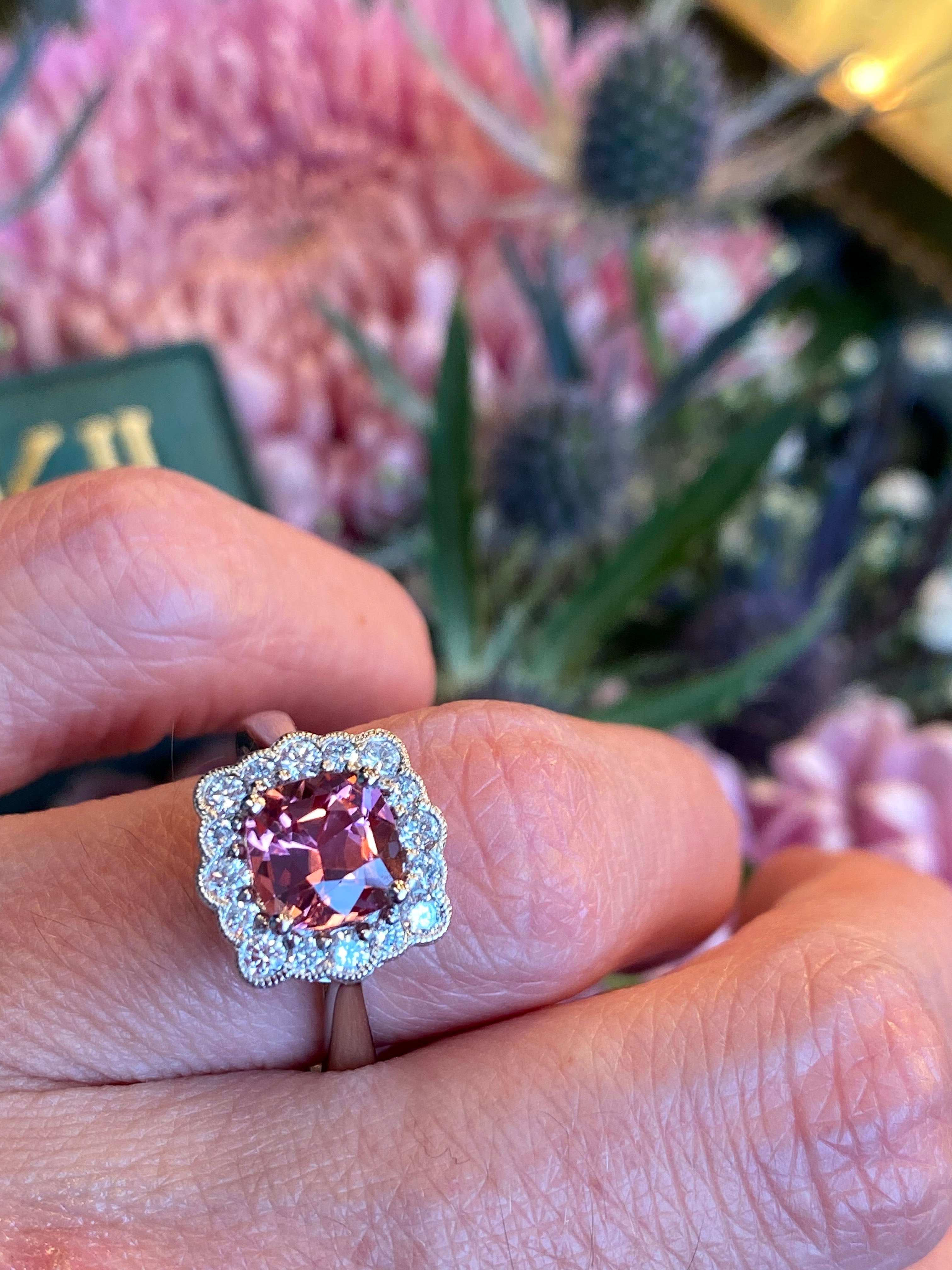 1.58 Carat Cushion Cut Pink Tourmaline and Natural Diamond Ring in Platinum