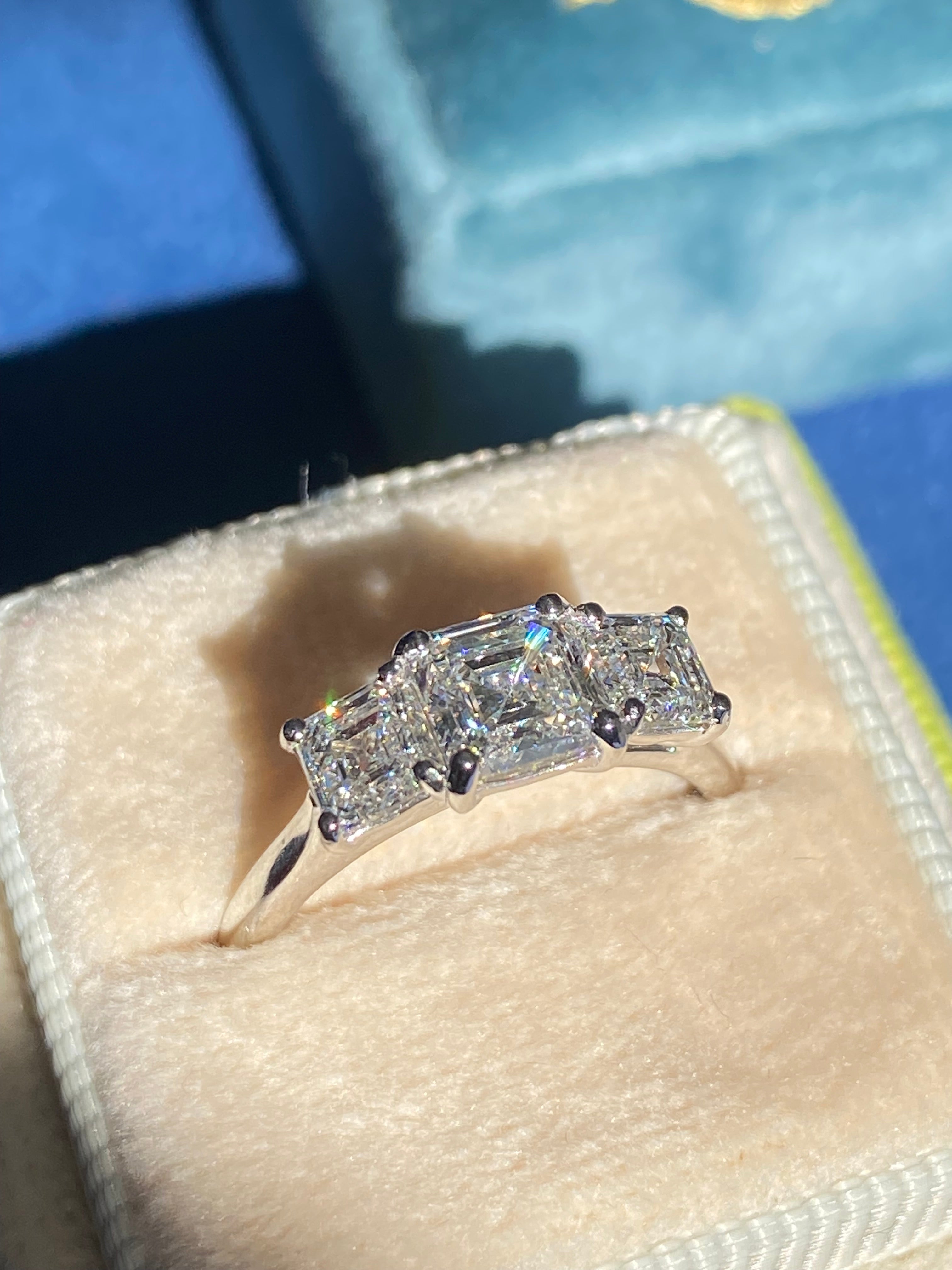 Heritage 2.00 CT + Asscher Cut Lab Grown Diamond Three Stone Trilogy Engagement Ring, at Least F Colour / VVS Clarity