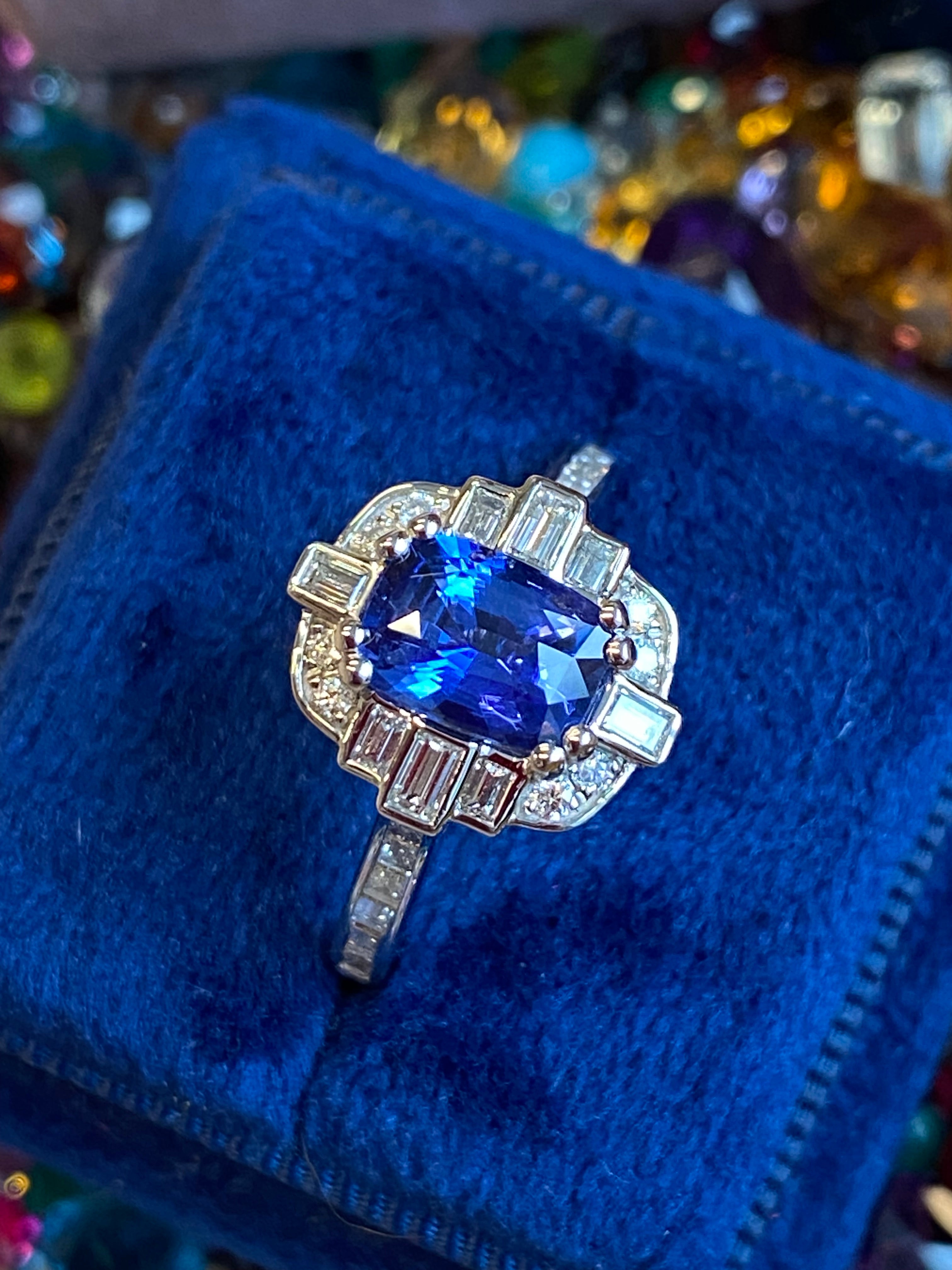 1.94 CTW Blue Ceylon Sapphire and Natural Diamond Art Deco Style Halo Ring in Platinum