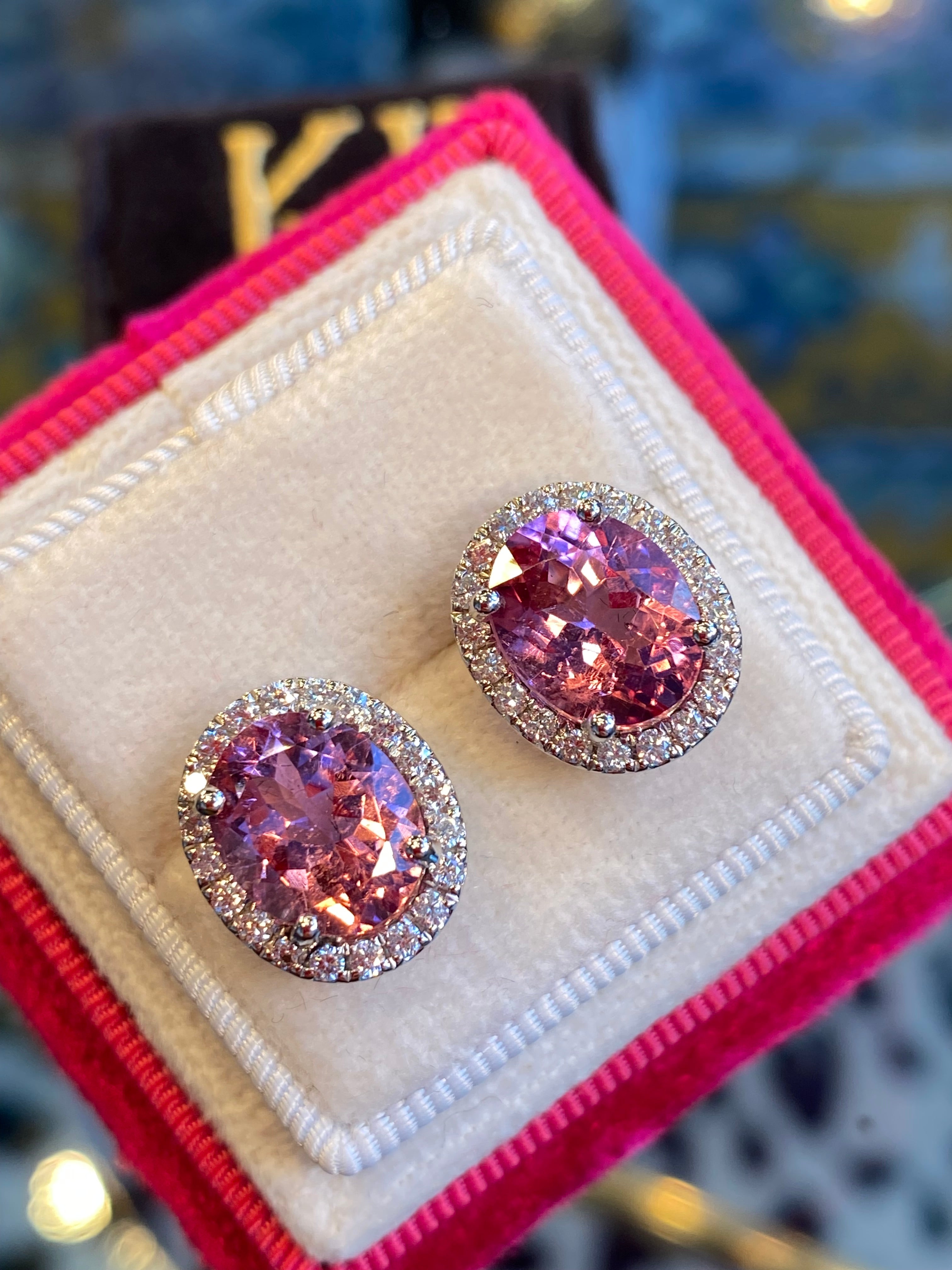5.90 CTW Pink Tourmaline and Diamond Halo Stud Earrings in Platinum