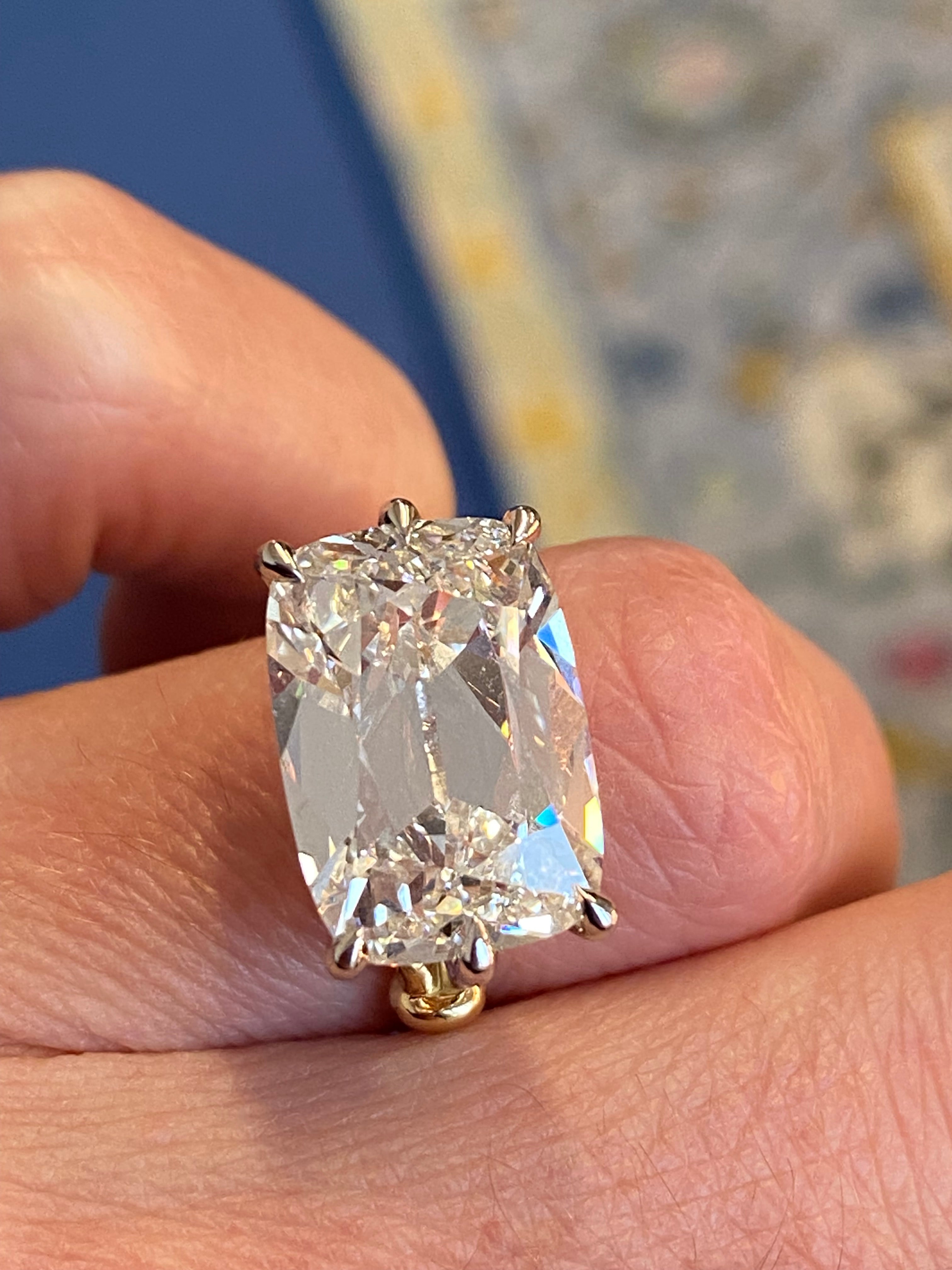 8.09 Carat Old Mine Cut Lab Diamond East West Solitaire Engagement Ring in 18ct Yellow Gold and Platinum