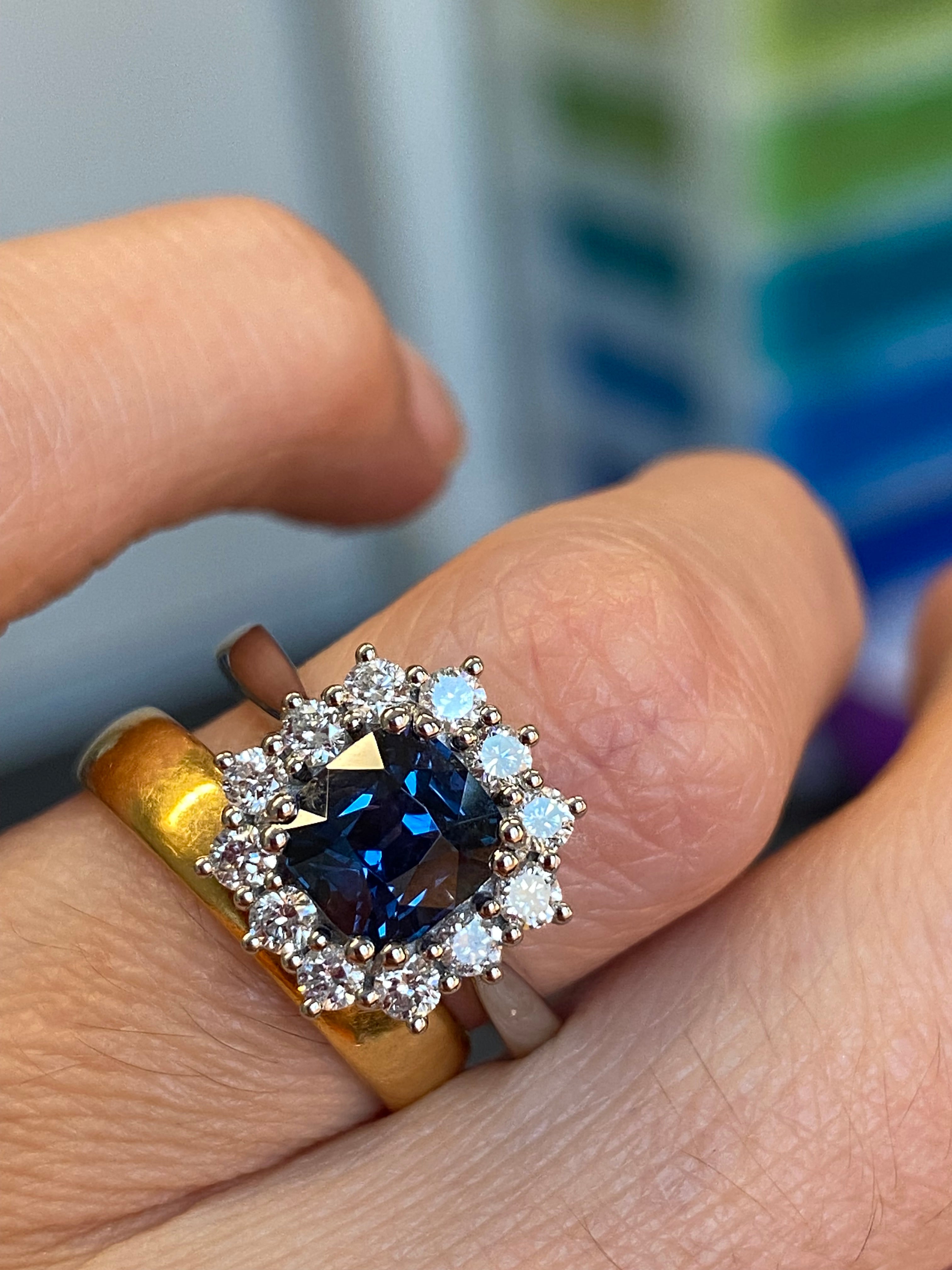 2.00 Carat Cushion Cut Teal Sapphire and Natural Diamond Halo Ring in Platinum