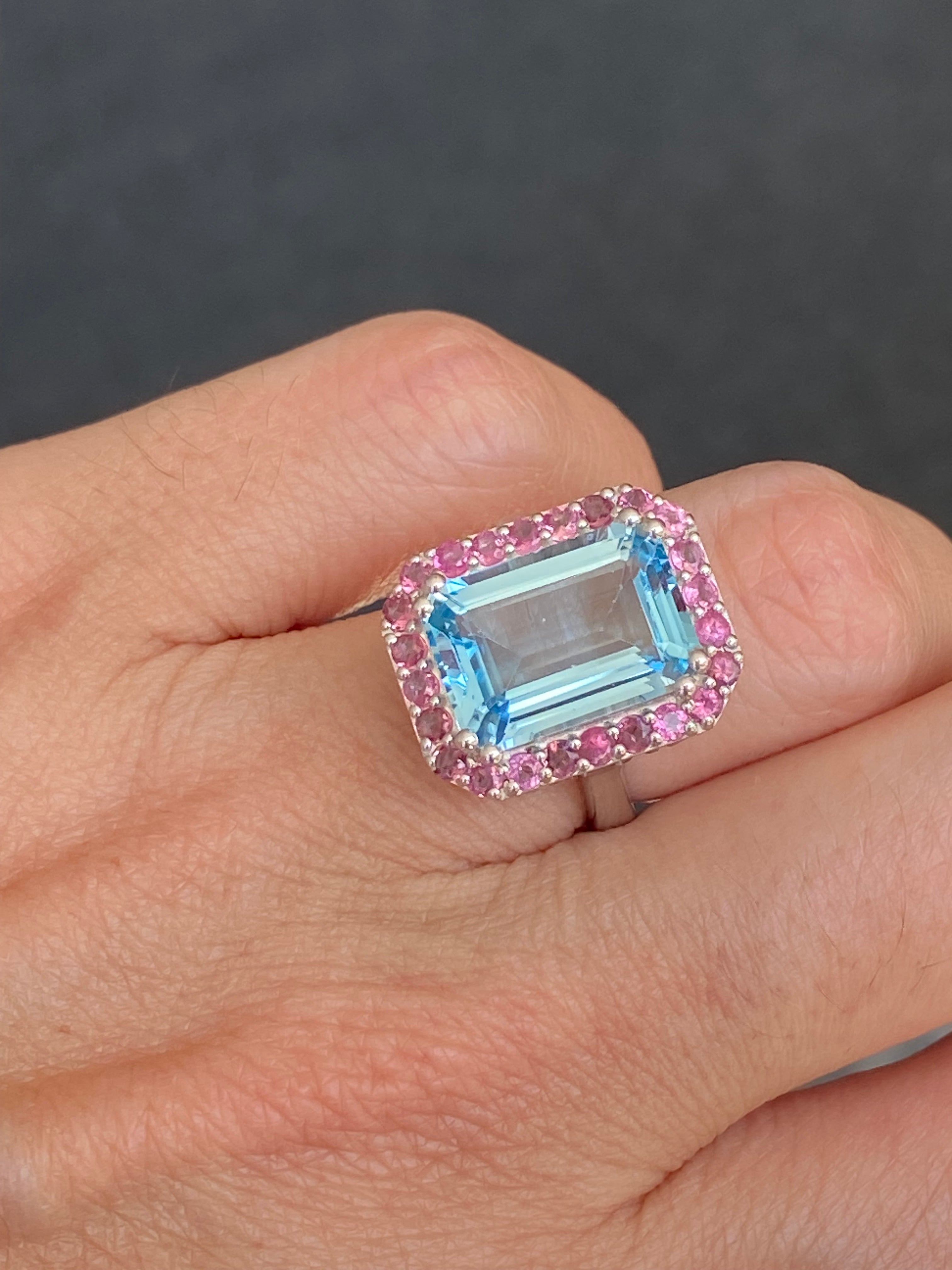 6.50 CTW Blue Topaz and Pink Tourmaline Halo Ring in Sterling Silver