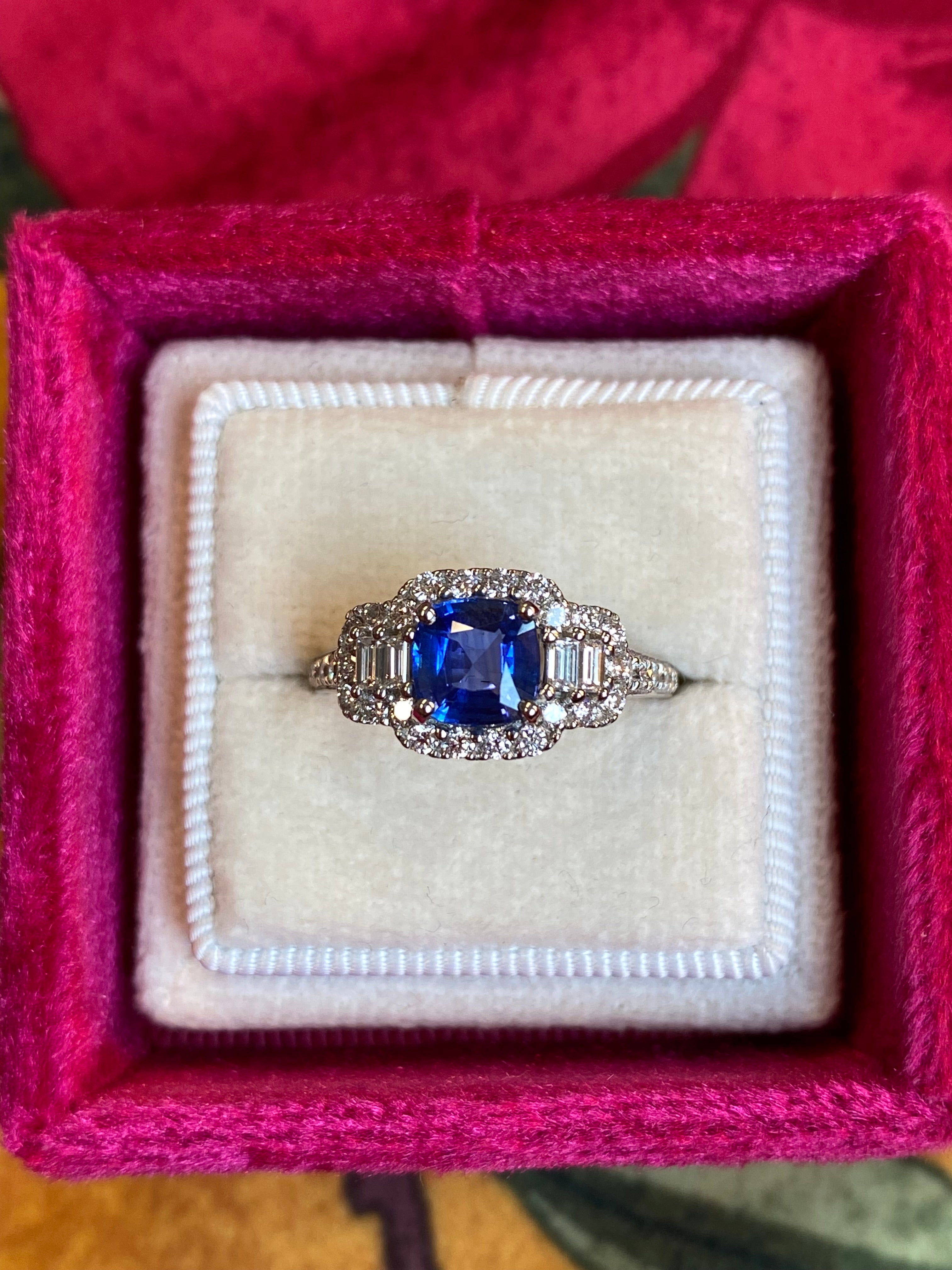 1.83 CTW Blue Ceylon Sapphire and Natural Diamond Three Stone Engagement Ring in Platinum