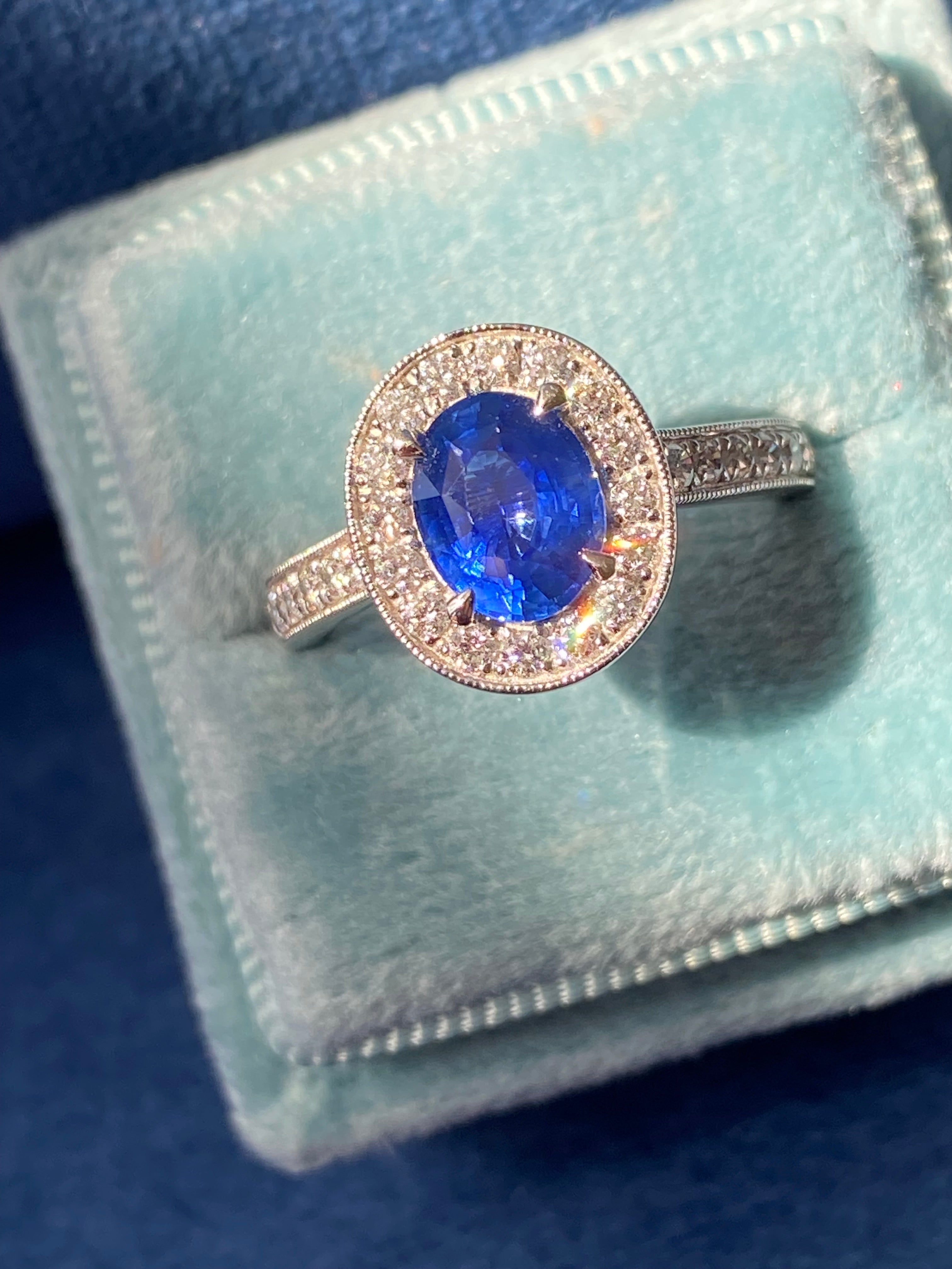 1.98 CTW Blue Ceylon Sapphire and Natural Diamond Halo Ring in Platinum