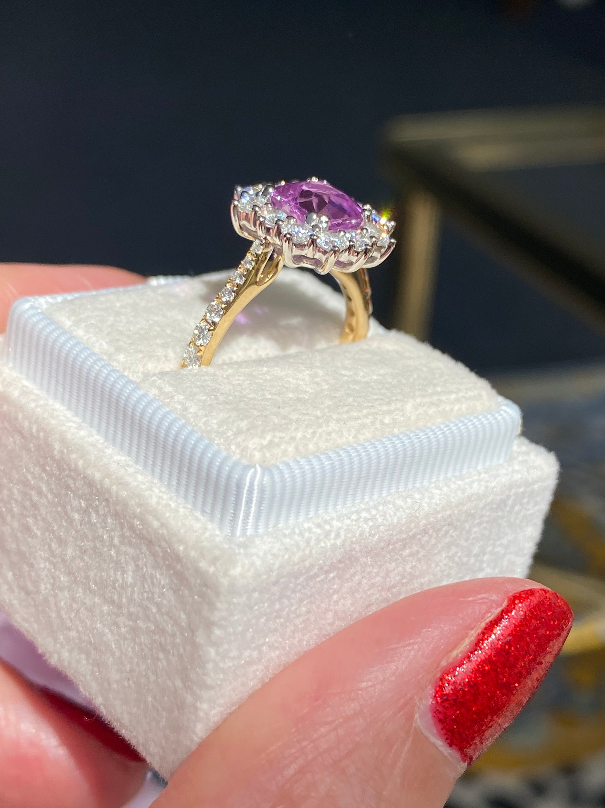 1.65 Carat Purple Sapphire and 0.85ctw Natural Diamond Halo Ring in Platinum and 18ct Gold