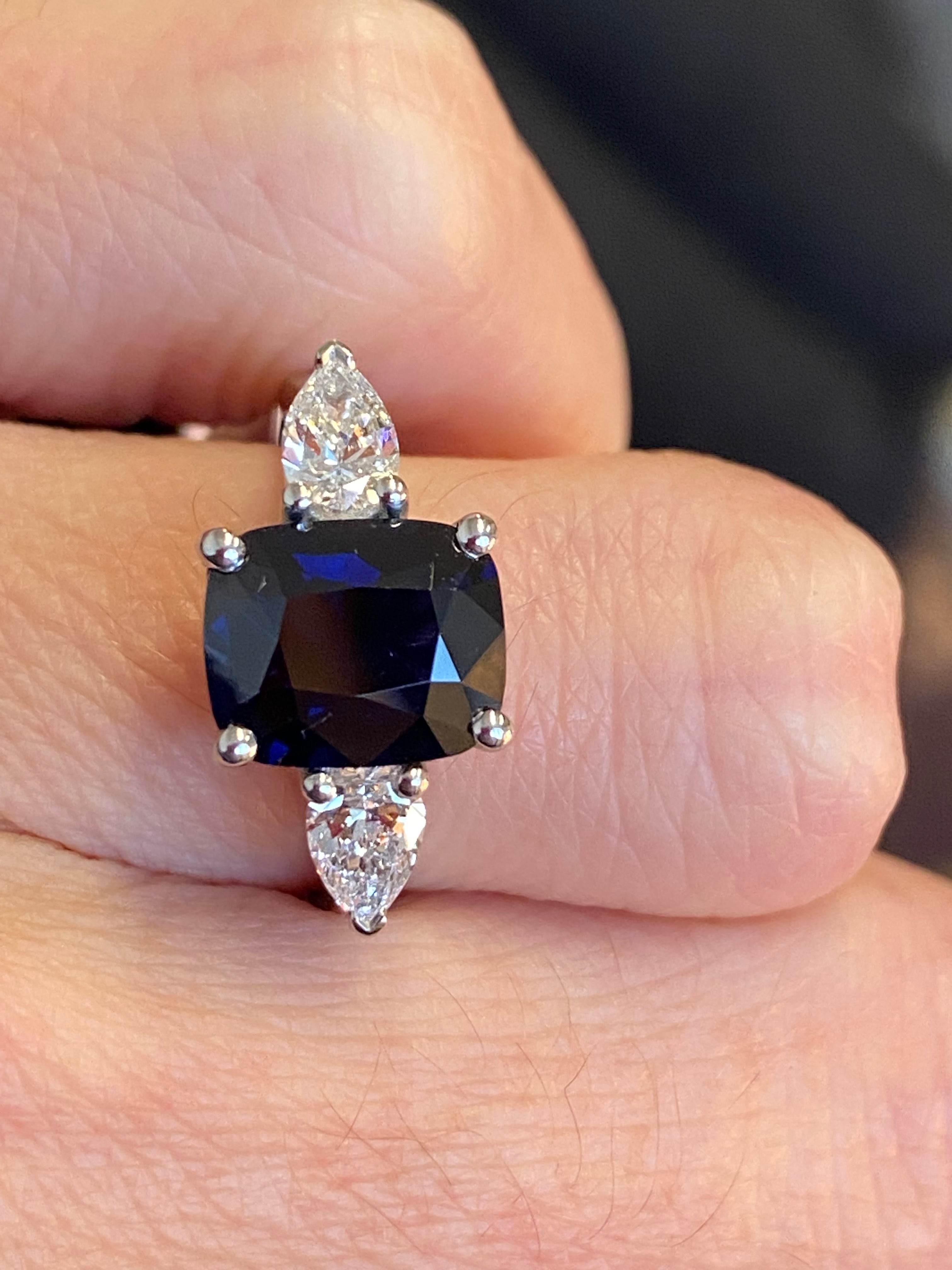 4.04 CTW Deep Blue Ceylon Sapphire and Natural Diamond Three Stone Engagement Ring in Platinum