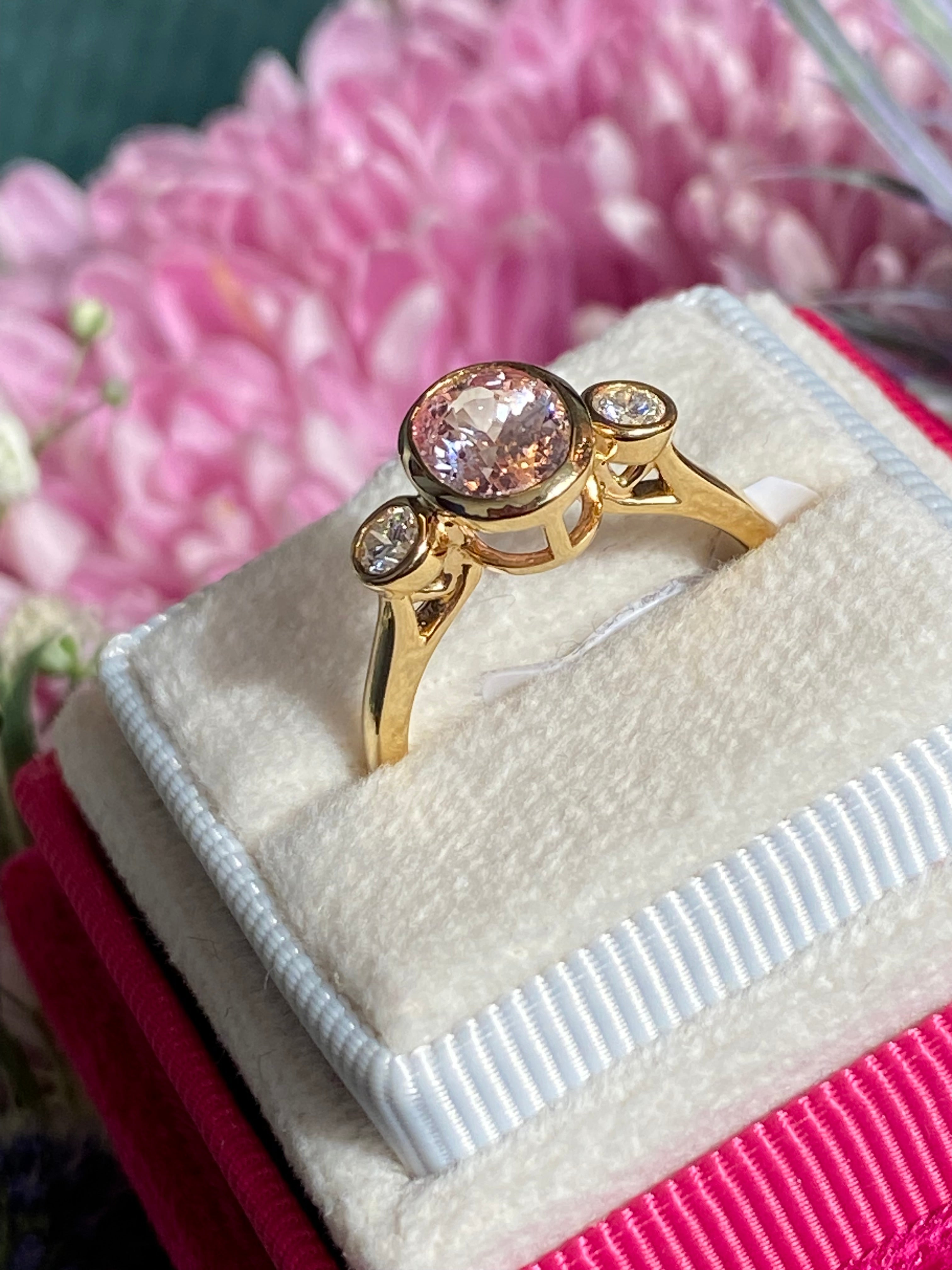 2.02 CTW Peach Sapphire and Natural Diamond Three Stone Ring in 18ct Yellow Gold