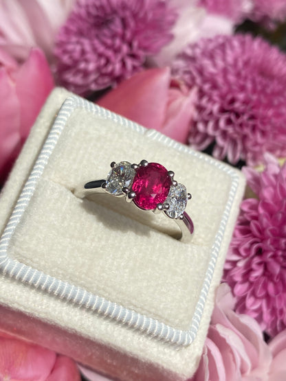 1.34 Carat Ruby and 0.66 Natural Diamond Three Stone Ring in Platinum