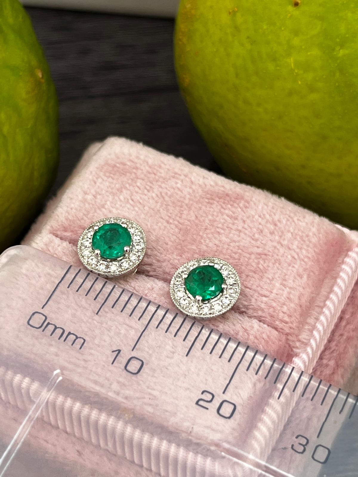 Emerald and Natural Diamond Halo Stud Earrings in 18ct White Gold