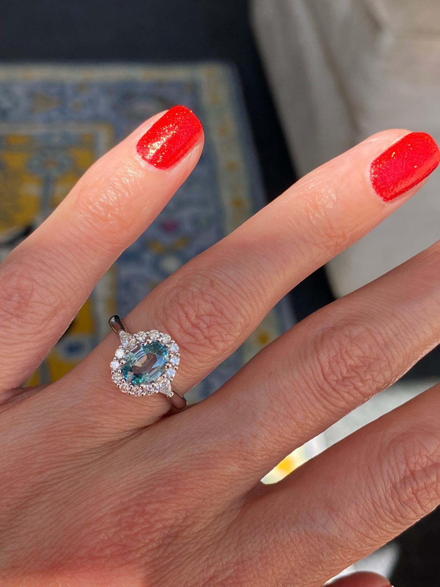 1.78 Carat Blue Zircon and Natural Diamond Halo Ring in Platinum