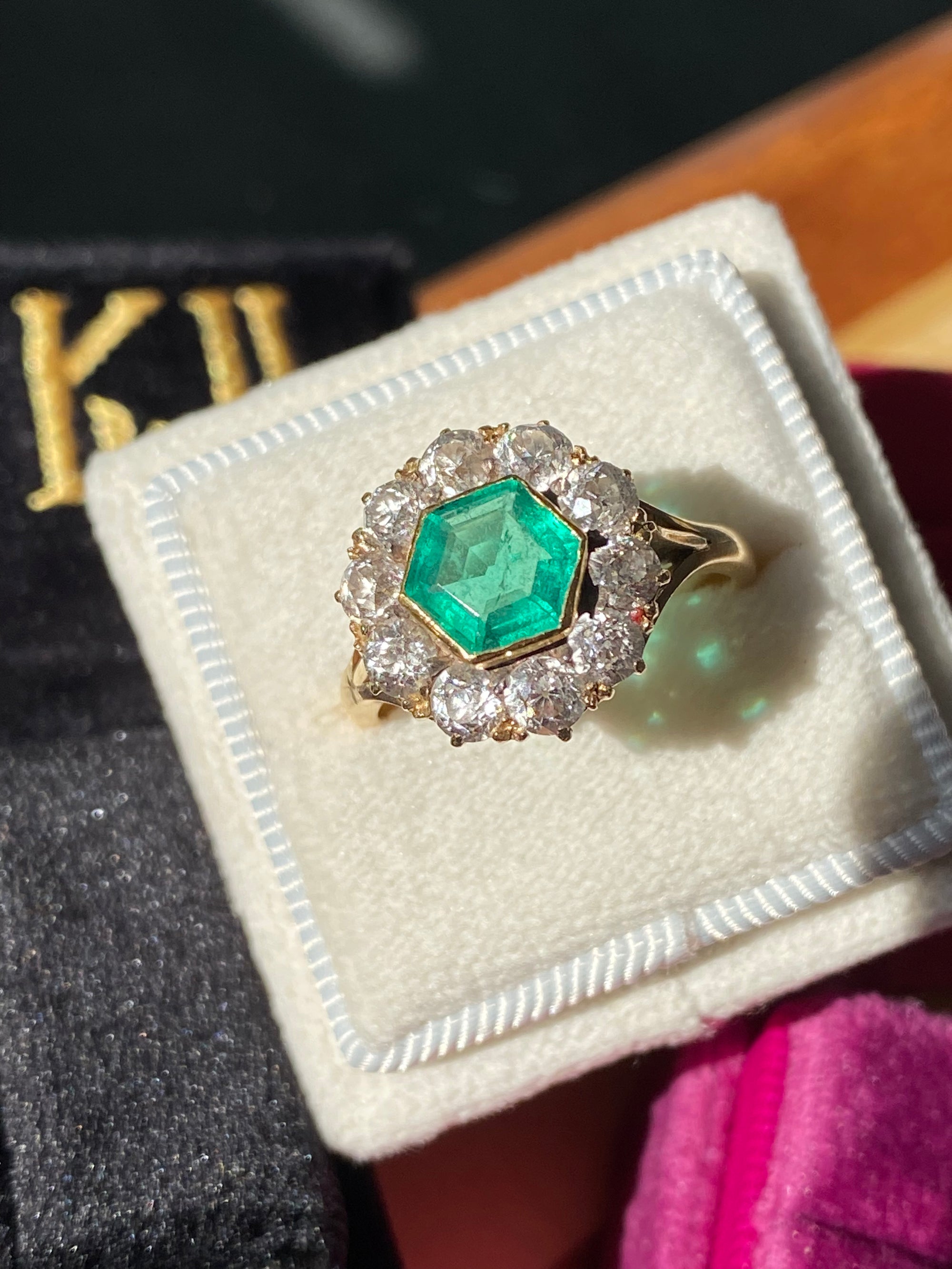 3.00 CTW Colombian Emerald and Old Cut Diamond Halo Ring in 18ct Yellow Gold