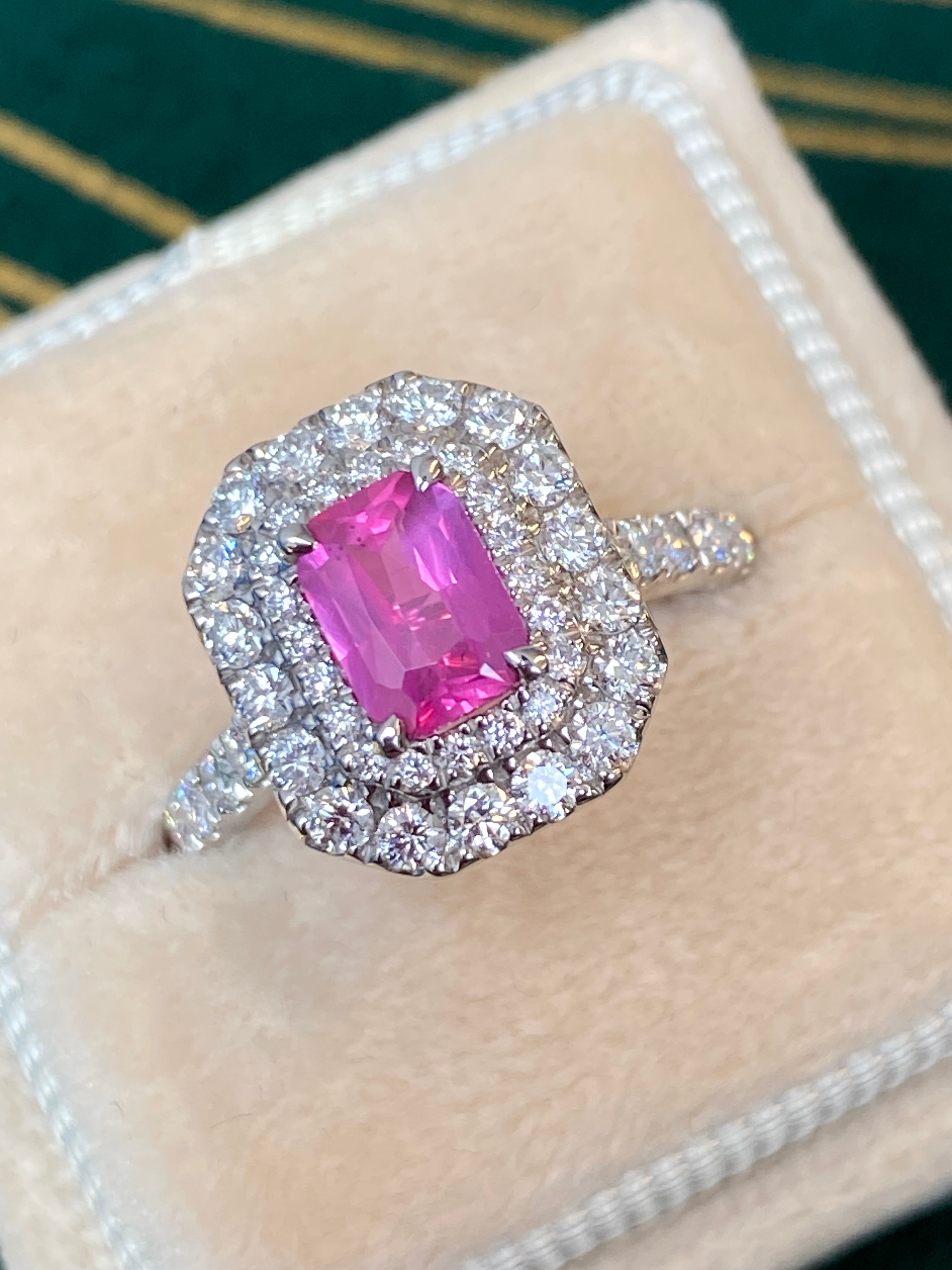 1.75 CTW Radiant Cut Pink Sapphire and Natural Diamond Double Halo Ring in Platinum