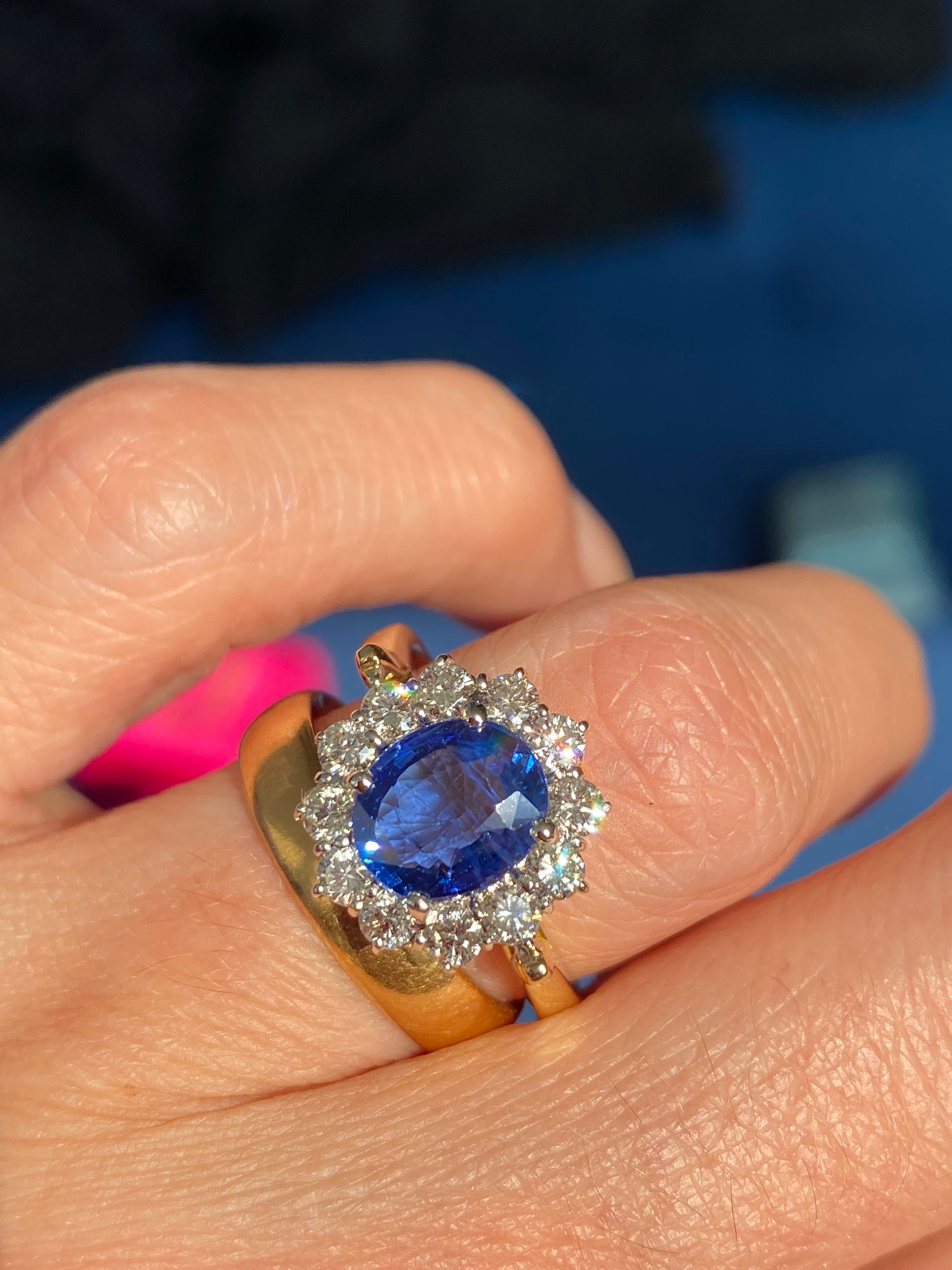 3.31 CTW Ceylon Sapphire and Natural Diamond Halo Ring in 18ct Gold