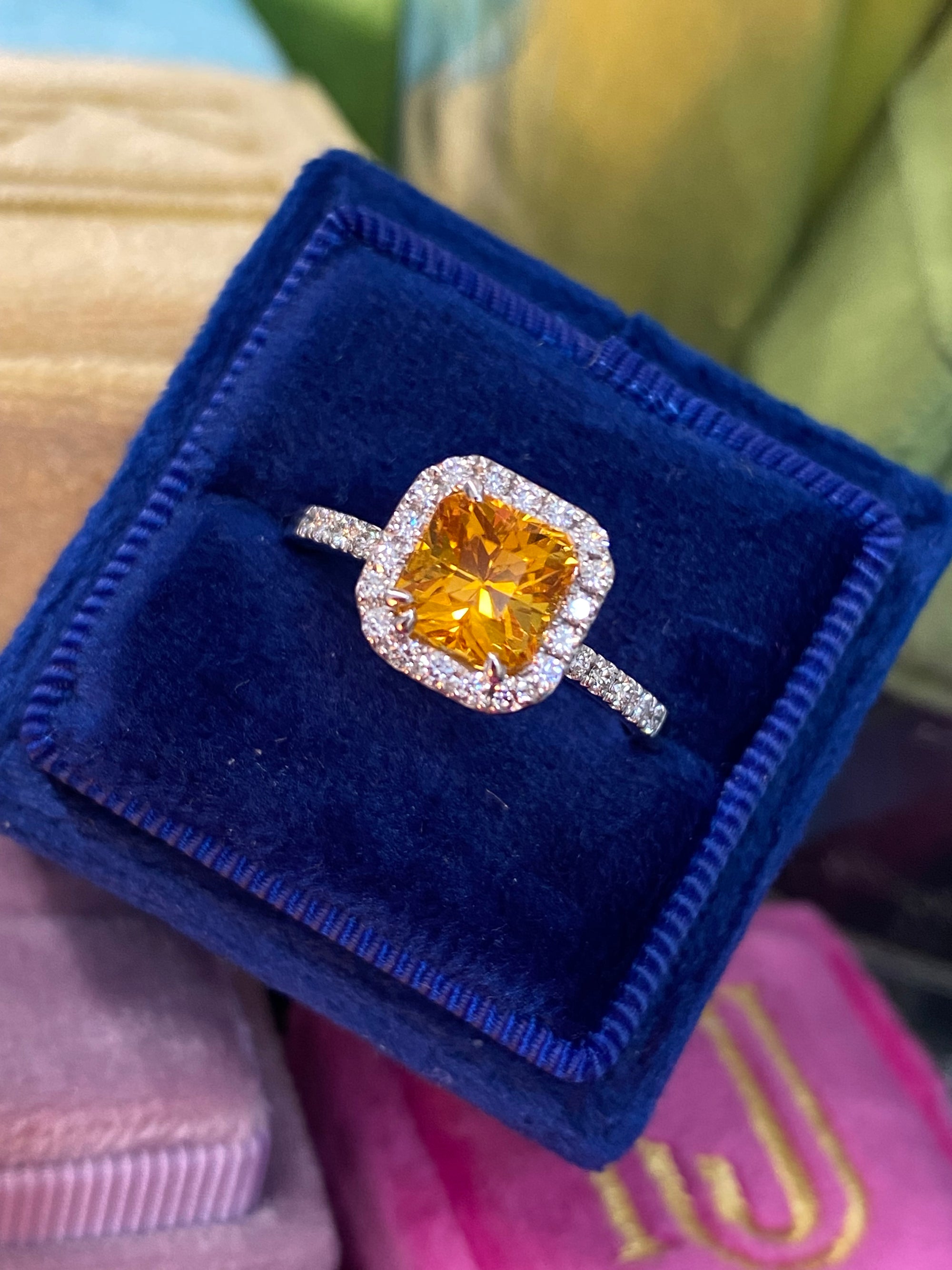 2.50 Carat Orange Sapphire and Natural Diamond Halo Engagement Ring