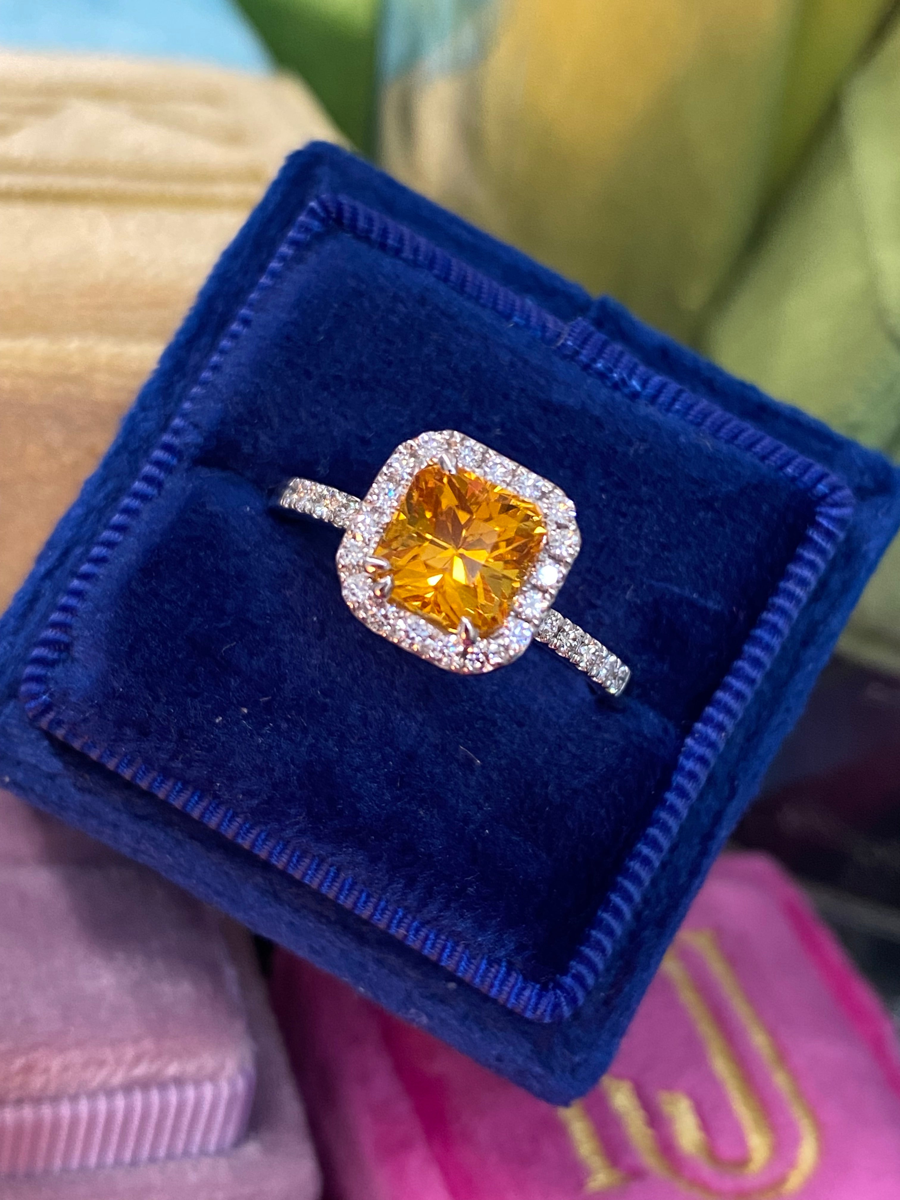 2.50 Carat Orange Sapphire and Natural Diamond Halo Engagement Ring