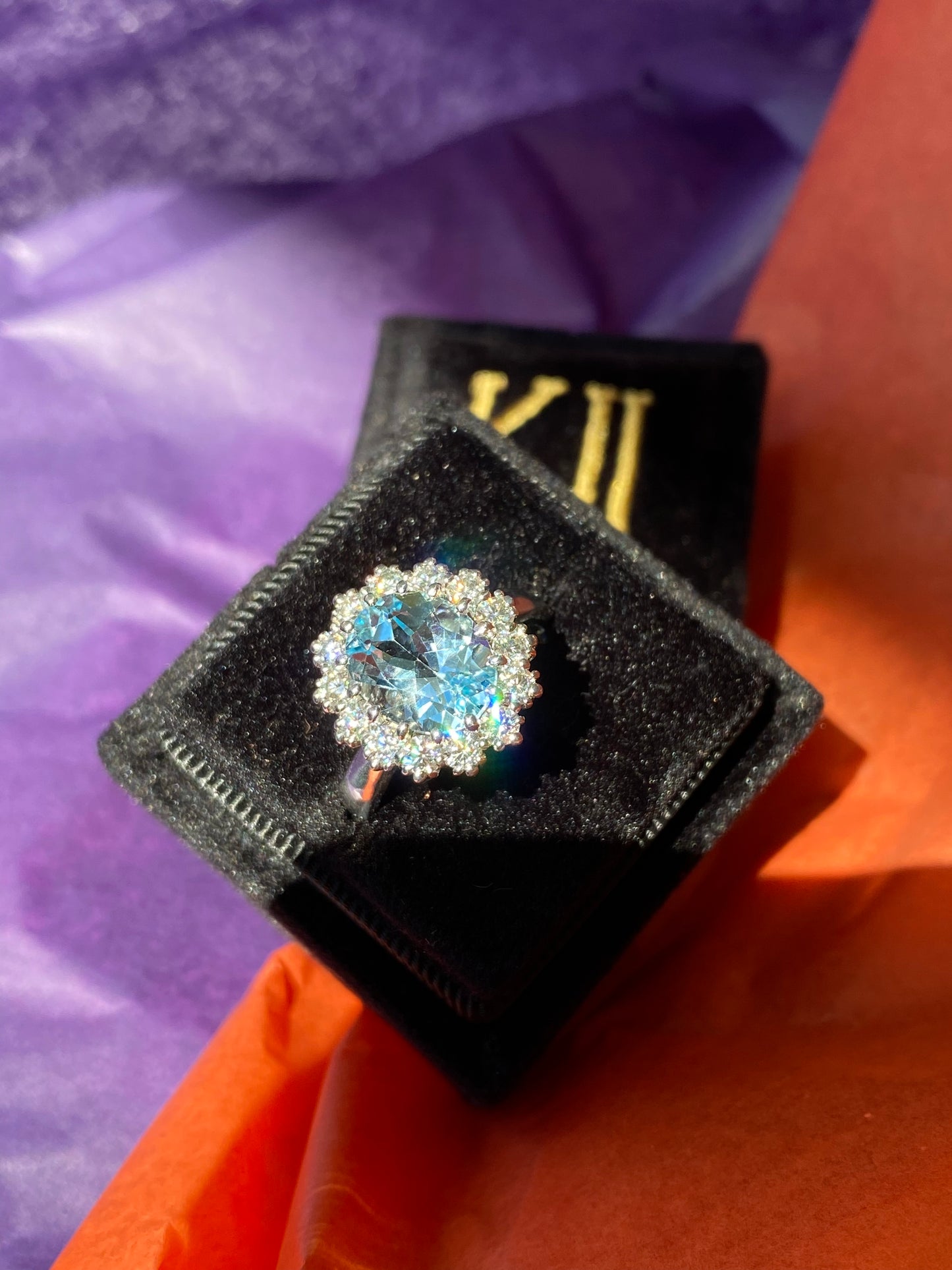 4.50 CTW Oval Cut Blue Topaz and Moissanite Halo Cluster Ring in Sterling Silver