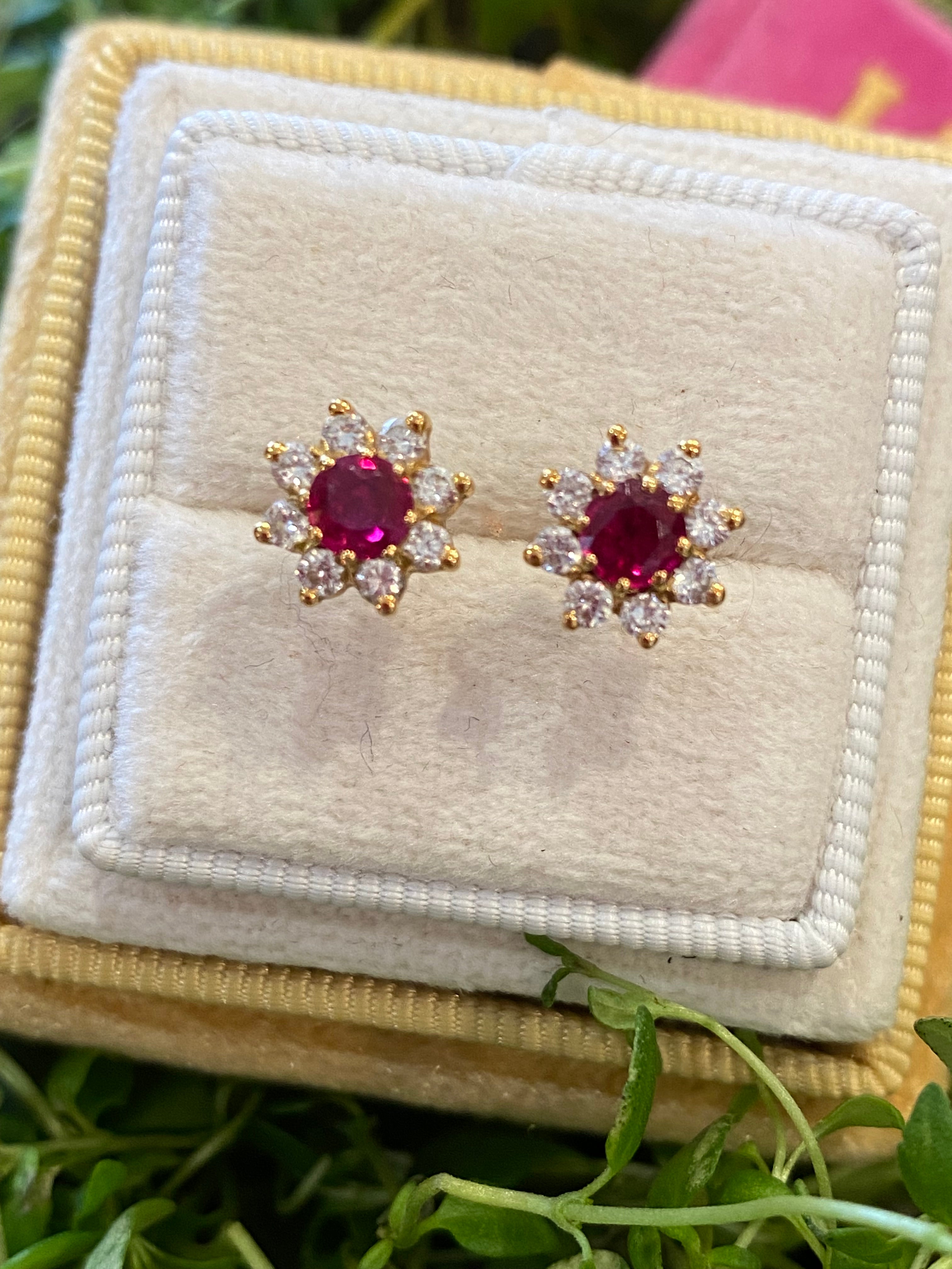 Ruby and Diamond Halo Earrings in 18ct Yellow Gold