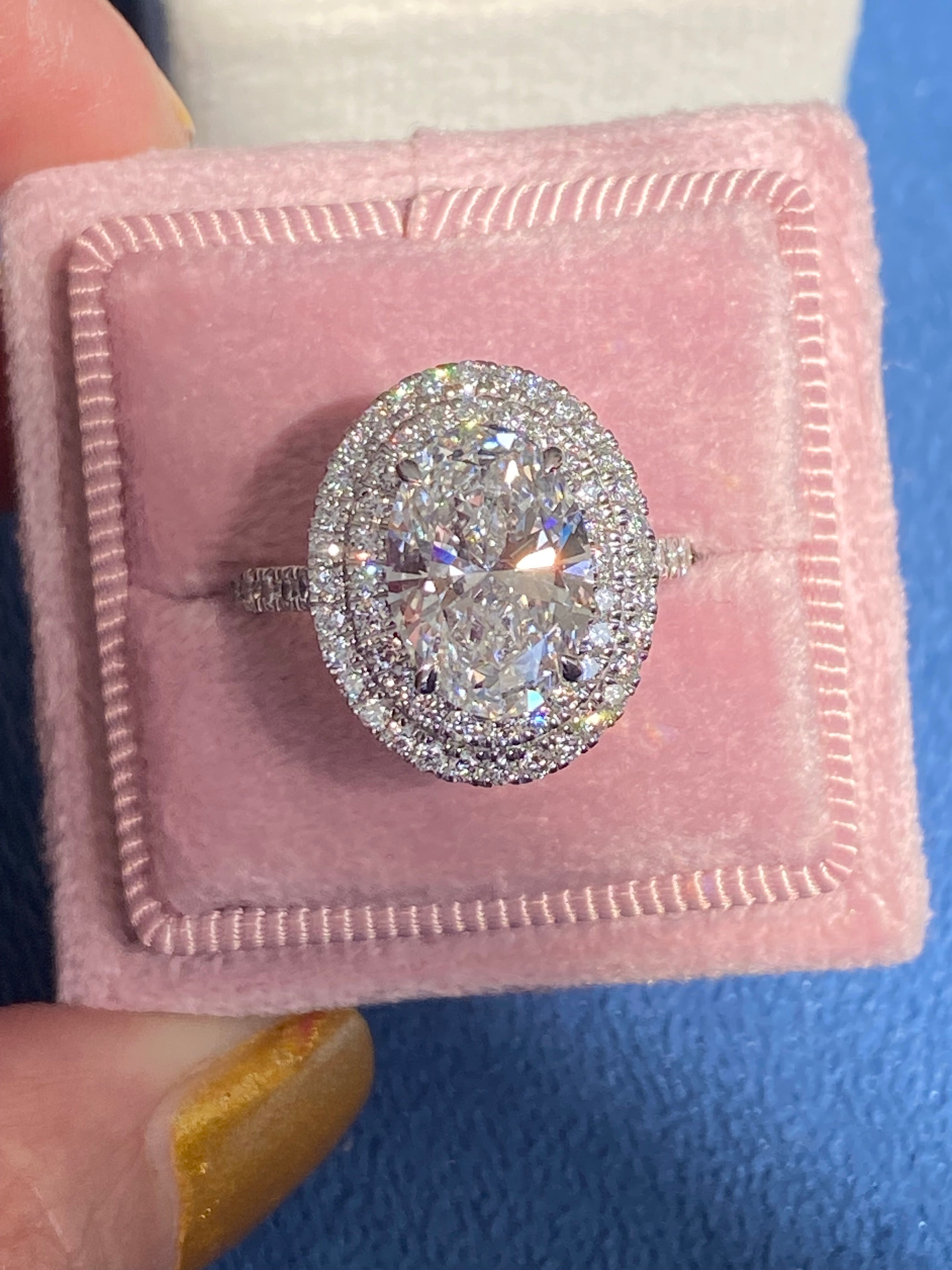 3.92 CTW Oval Cut Lab Diamond Double Halo Engagement Ring in Platinum