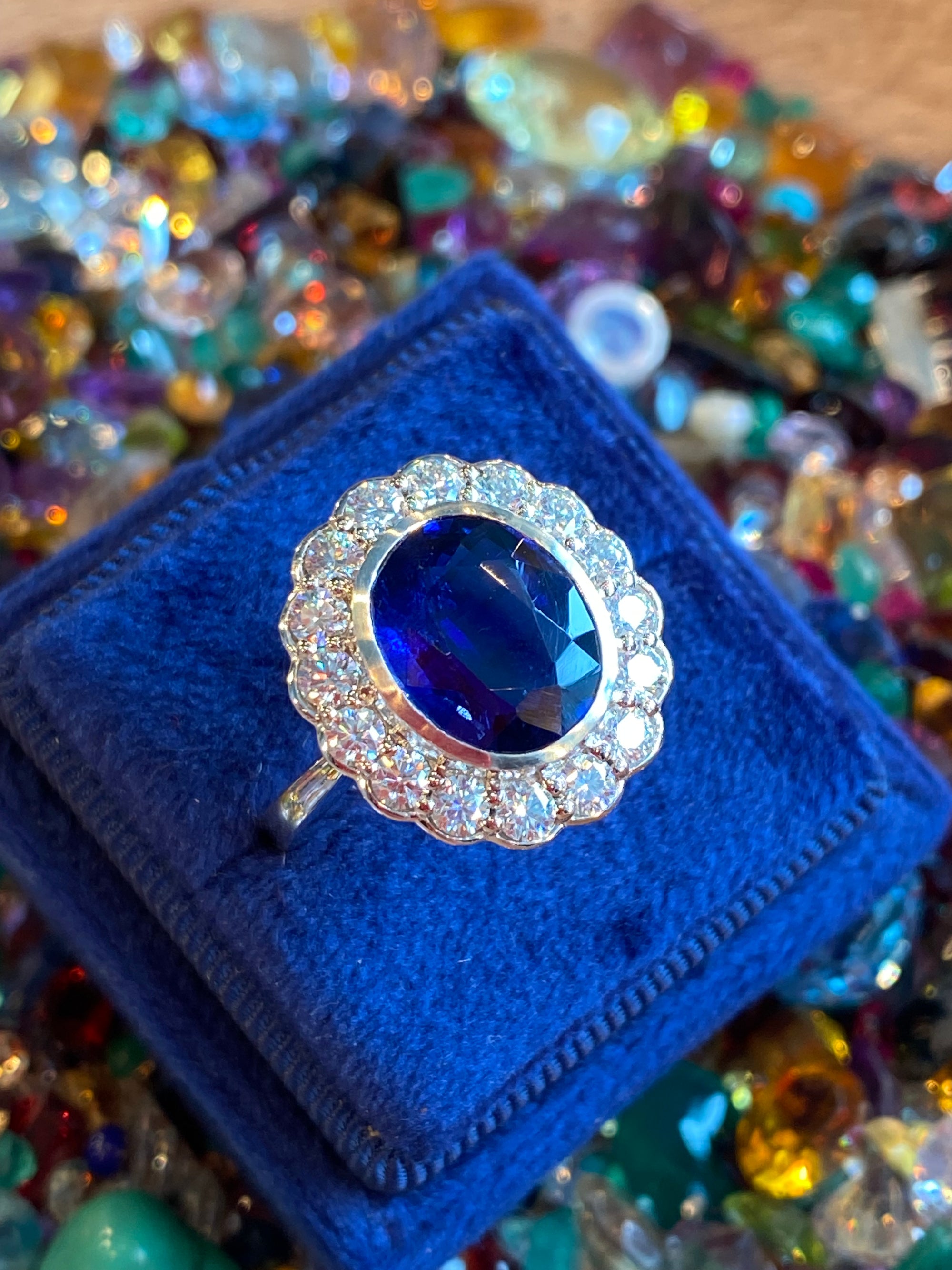 5.40 CTW Oval Cut Kyanite and Moissanite Halo Ring in Sterling Silver
