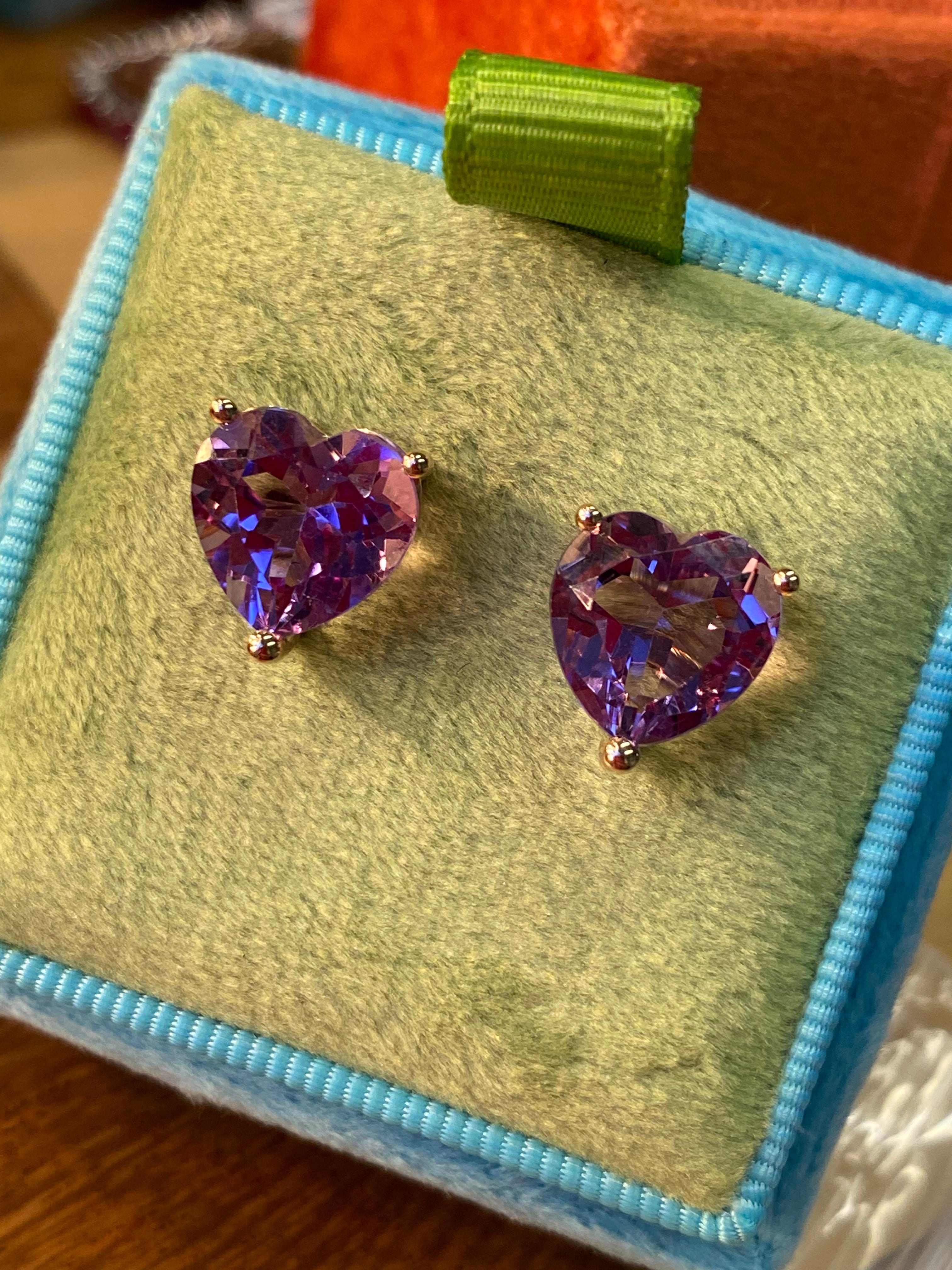 Heart Shaped Amethyst Stud Earrings in 9ct Yellow Gold