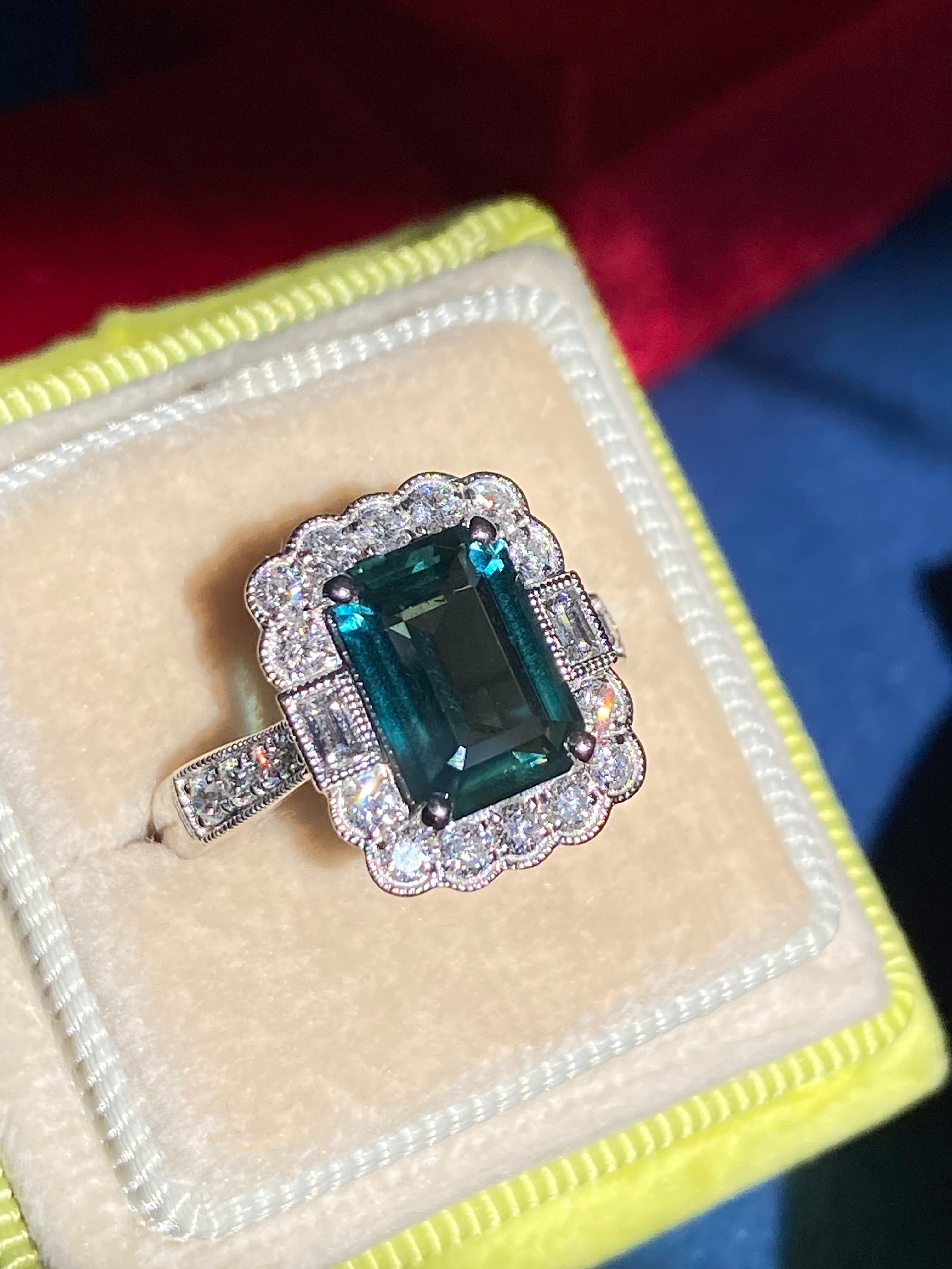 3.73 Carat Teal Sapphire and Natural Diamond Ring in Platinum