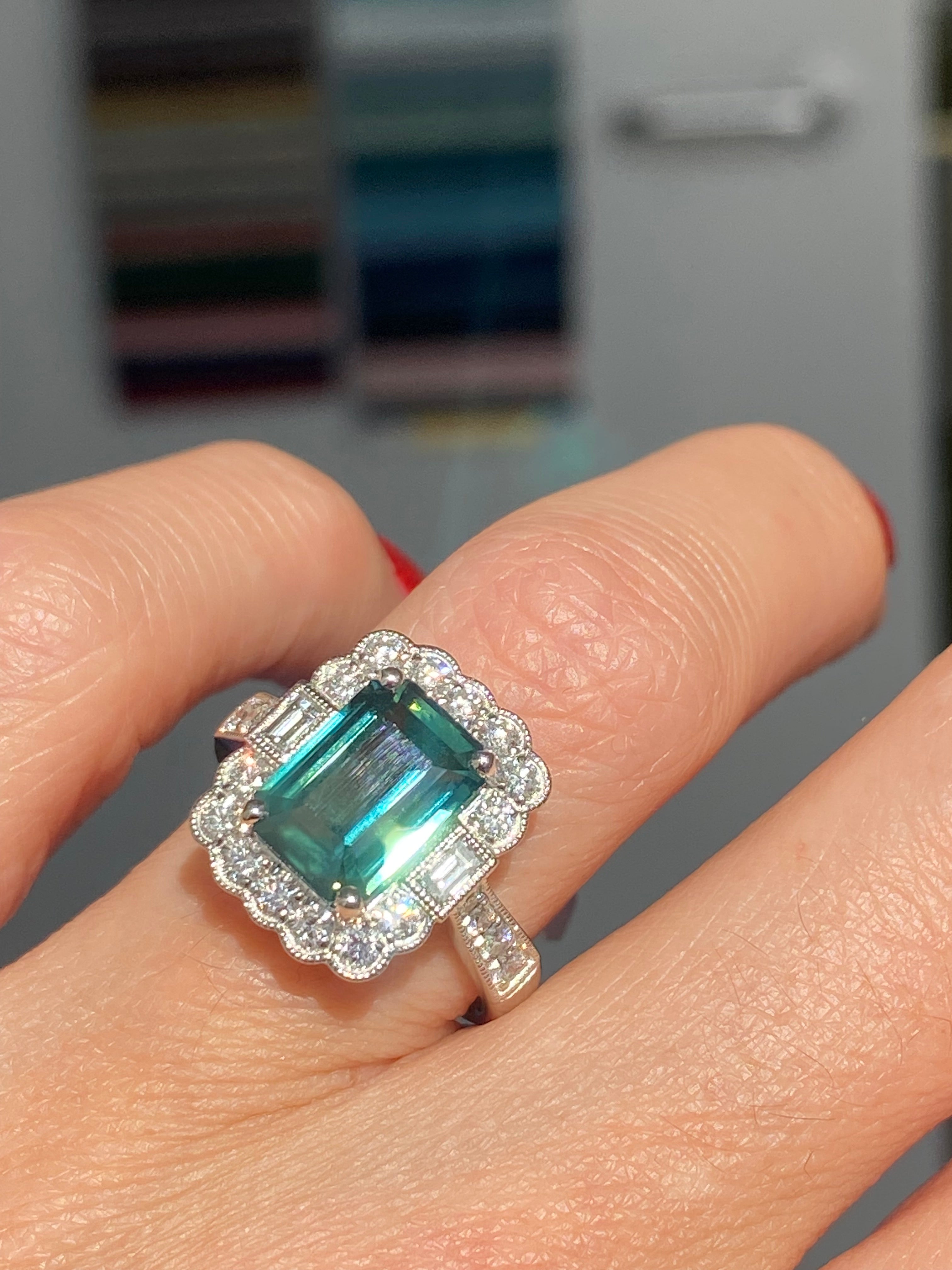 3.73 Carat Teal Sapphire and Natural Diamond Ring in Platinum