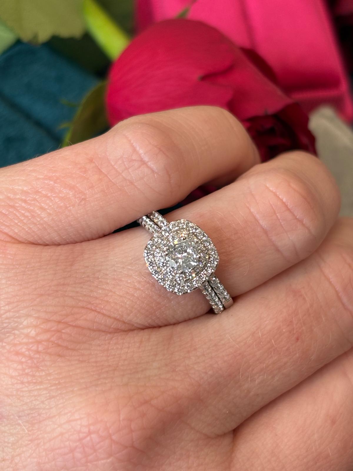 Round Cut Moissanite Double Halo Engagement and Wedding / Eternity Ring Set in Sterling Silver