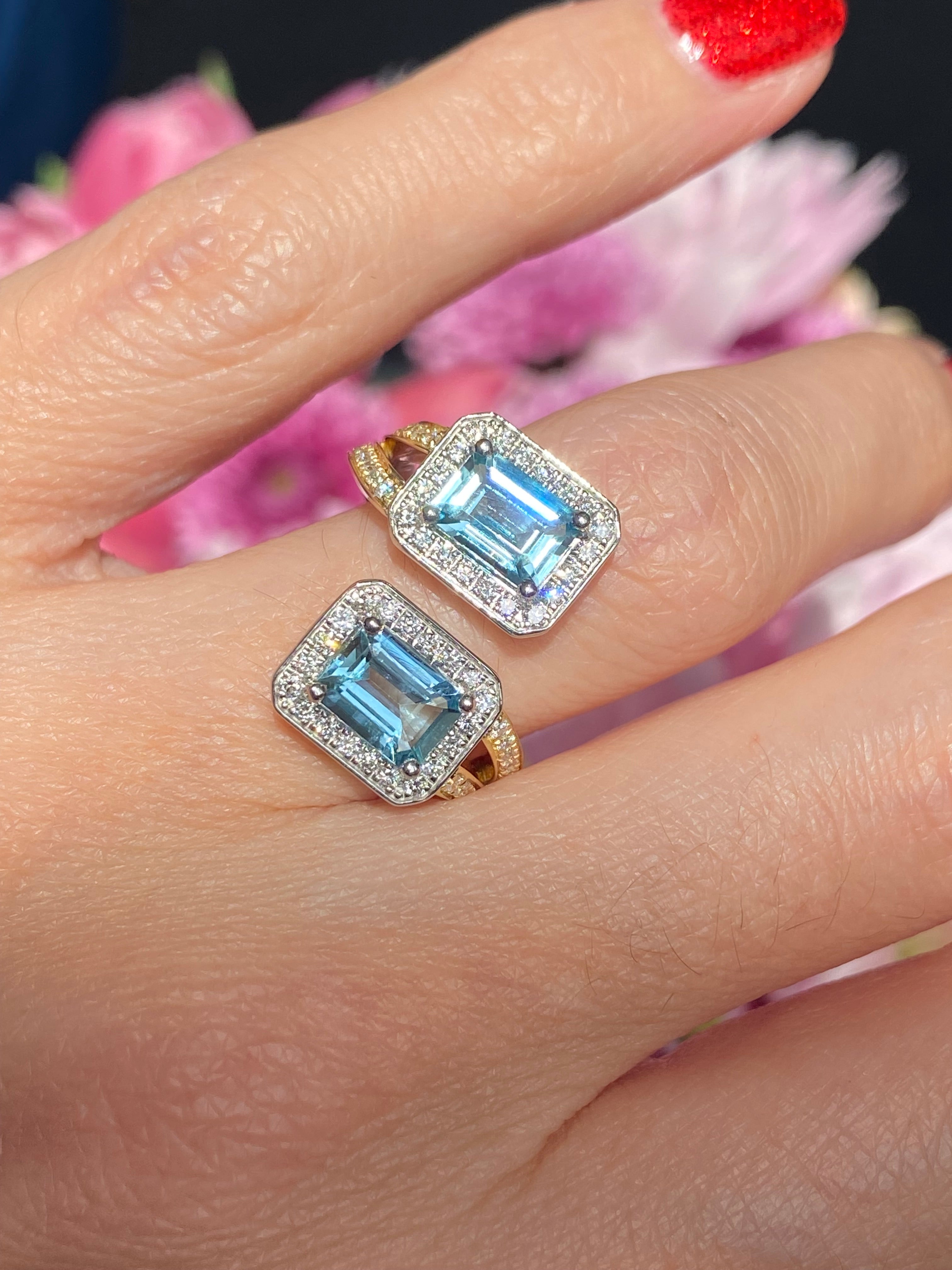 2.25ctw Aquamarine and Natural Diamond Toi et Moi Ring in Platinum and 18ct Yellow Gold