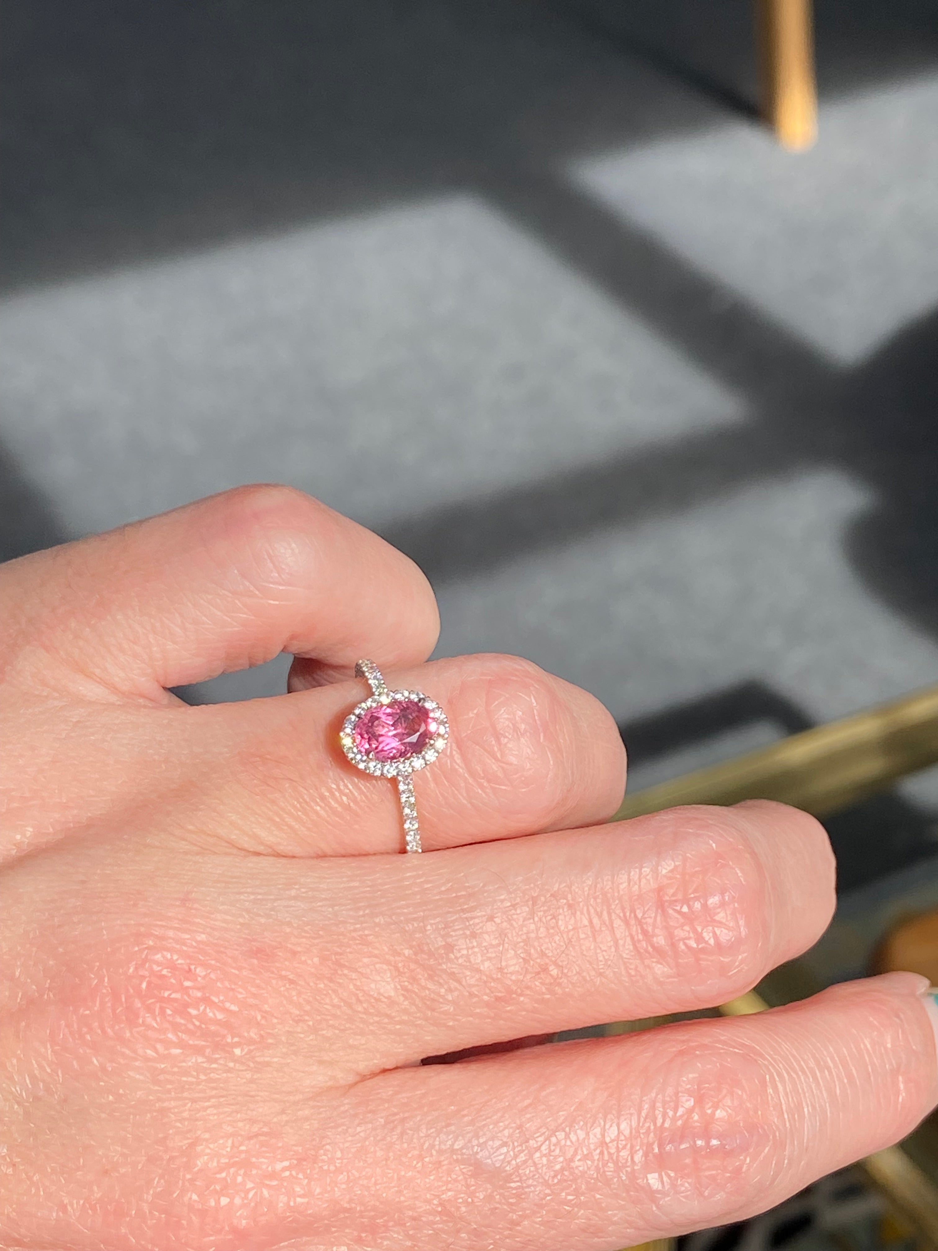 1.24 CTW Oval Cut Pink Sapphire and Natural Diamond Halo Engagement Ring in Platinum