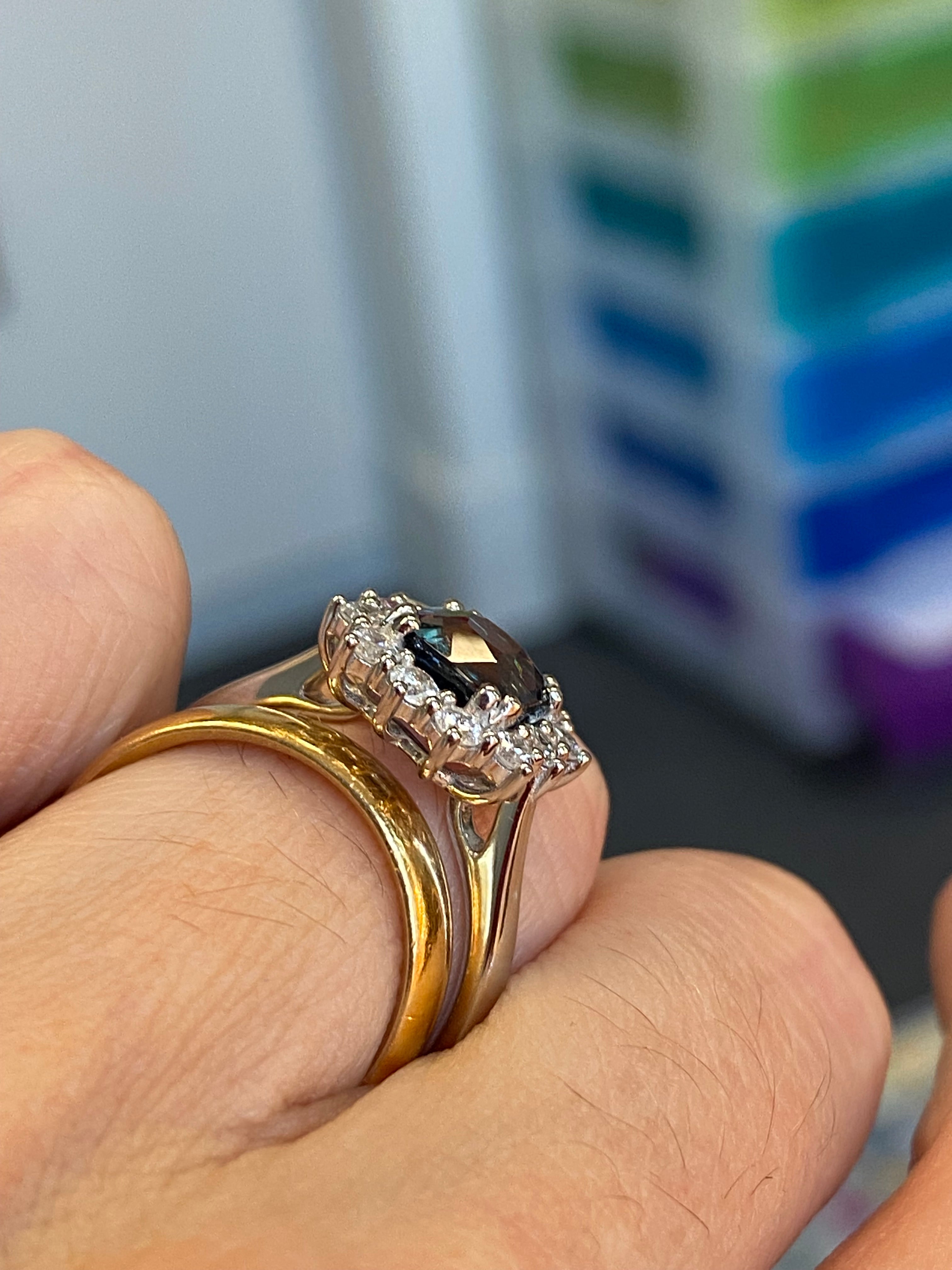 2.00 Carat Cushion Cut Teal Sapphire and Natural Diamond Halo Ring in Platinum