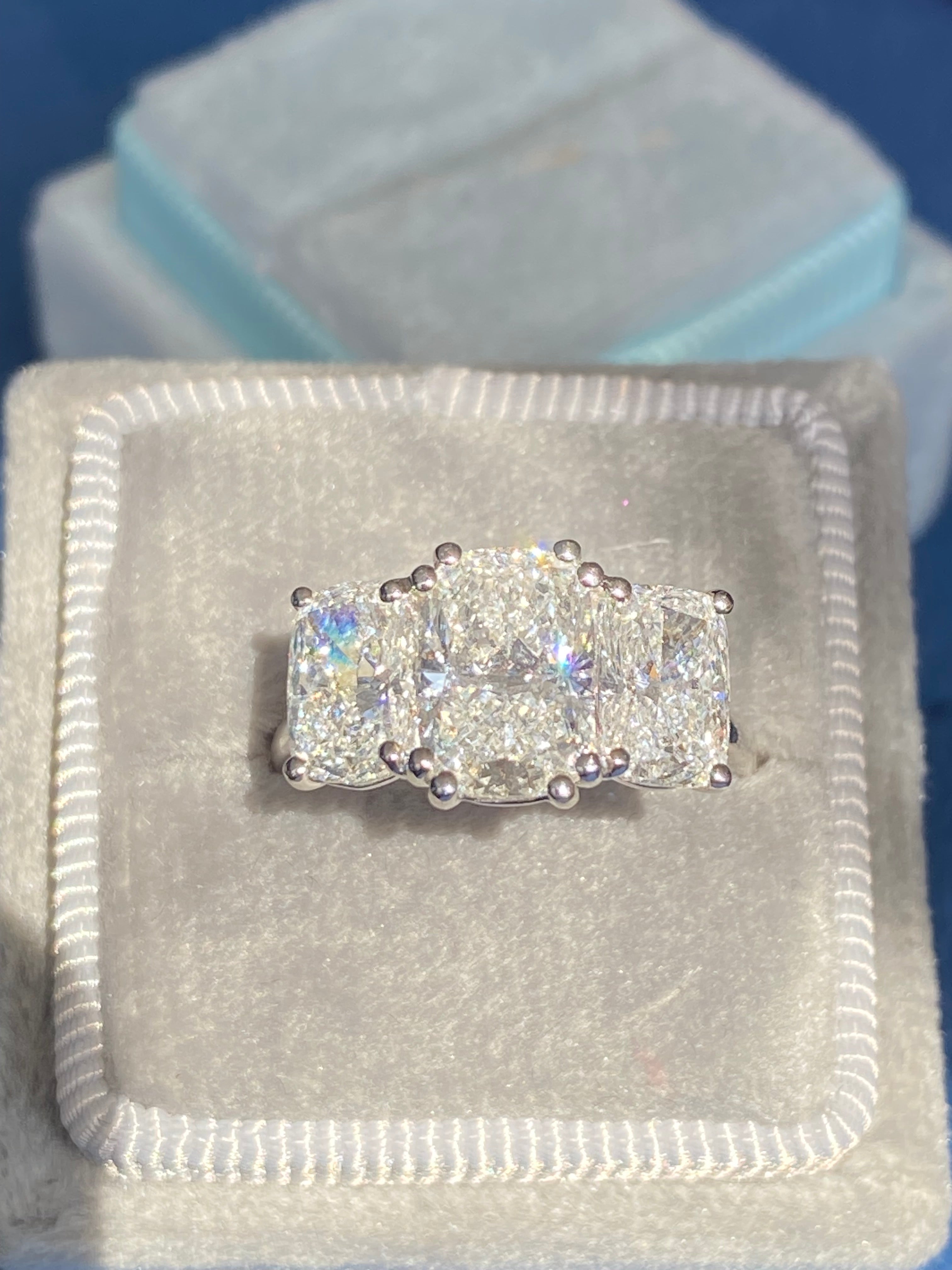 4.10 CTW Cushion Cut D Colour VS1 Lab Diamond Three Stone Ring in Platinum