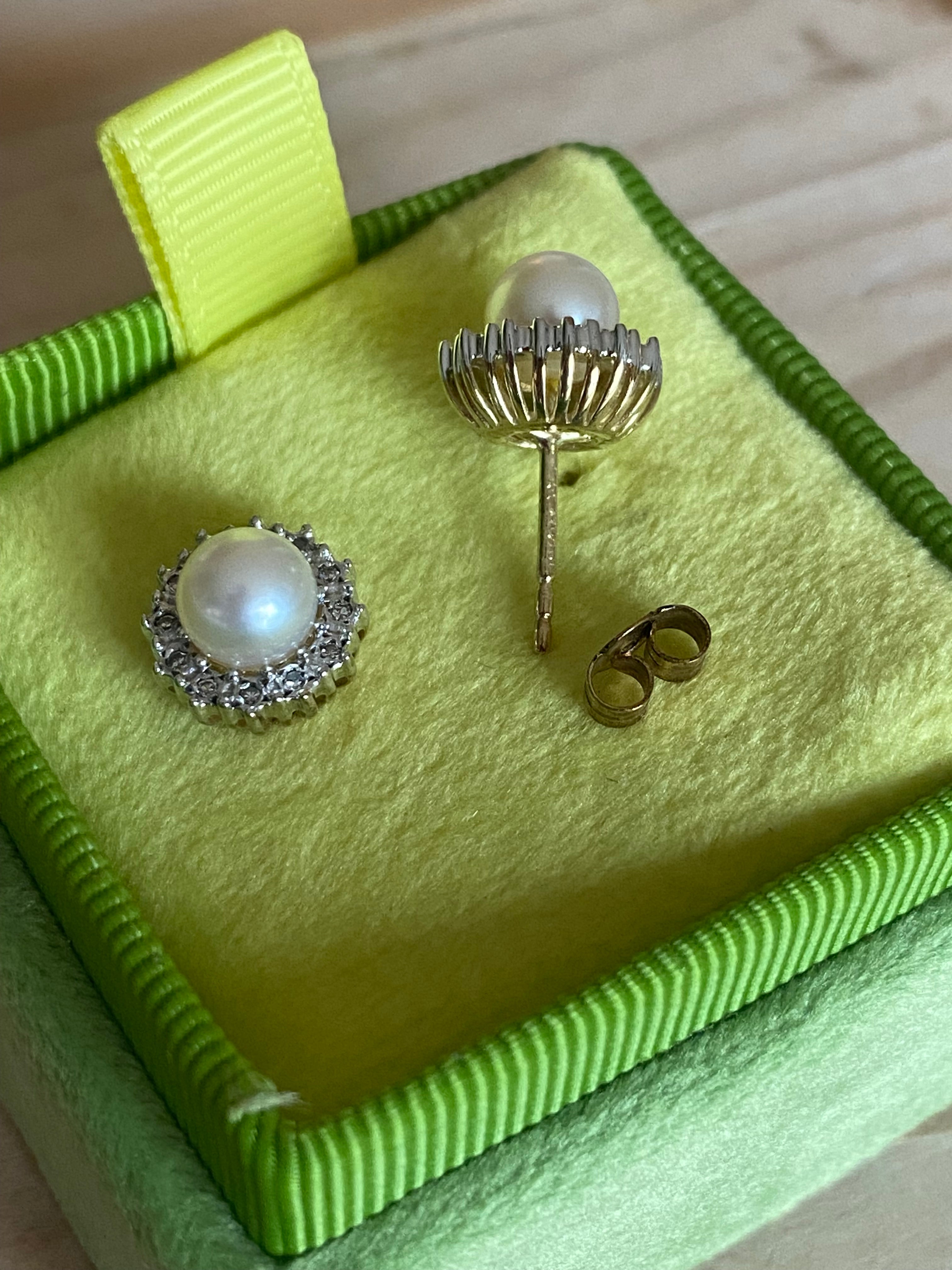 Vintage Pearl and Natural Diamond Stud Earrings in 9ct Yellow Gold