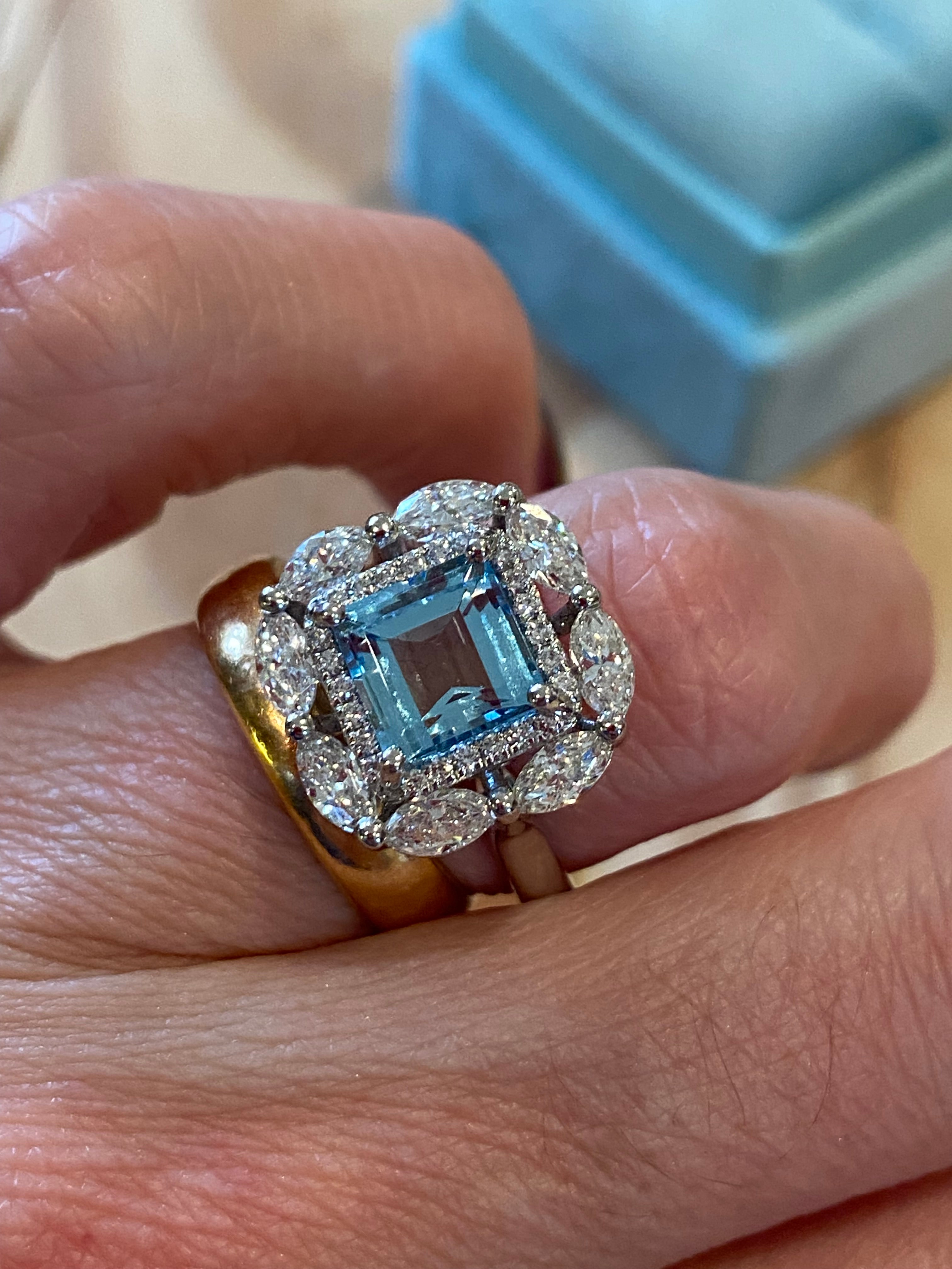 1.60 Carat Aquamarine and 1.18 ctw Natural Diamond Ring in Platinum