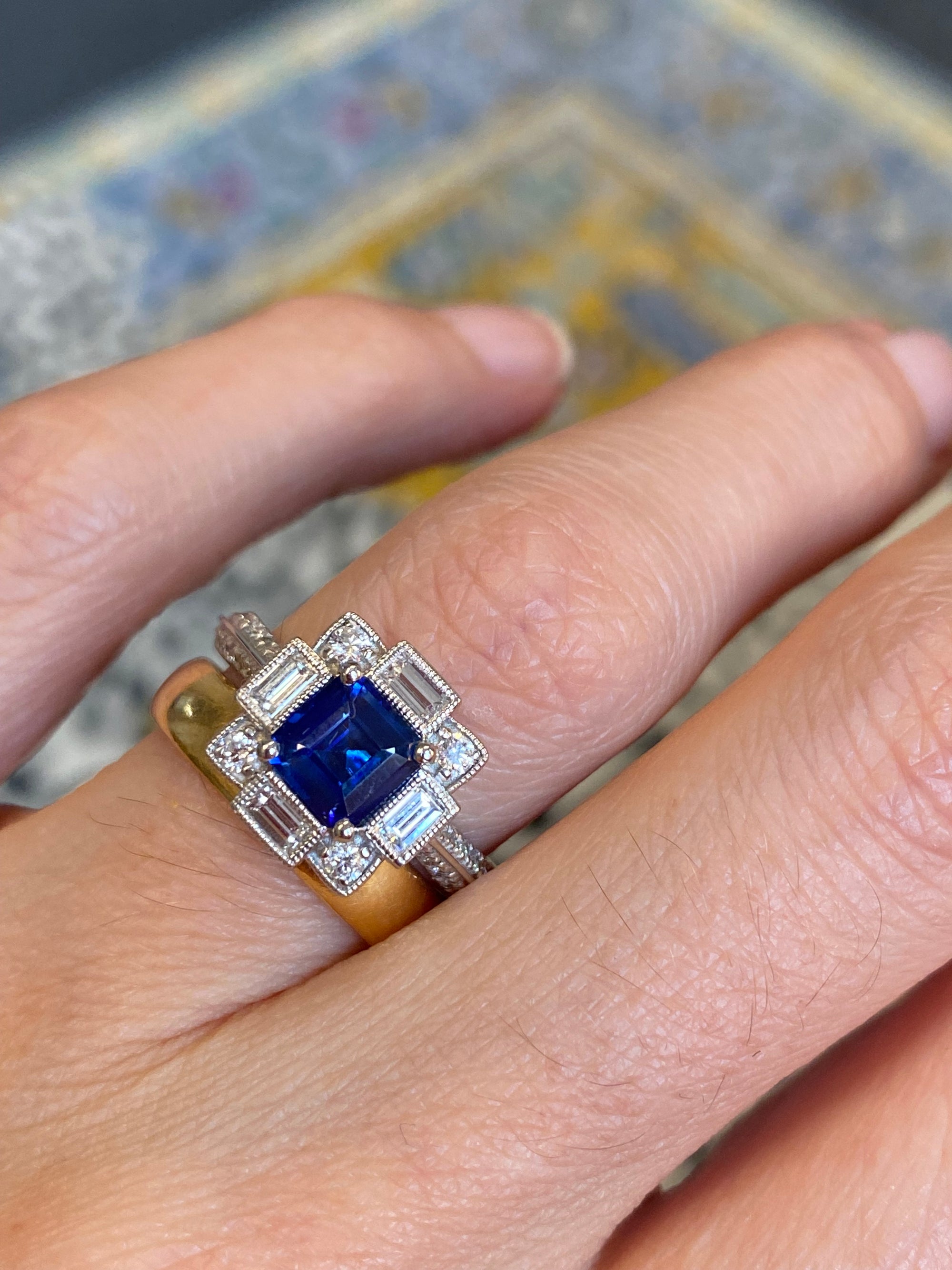 1.79 CTW Blue Ceylon Sapphire and Natural Diamond Art Deco Style Halo Ring in Platinum