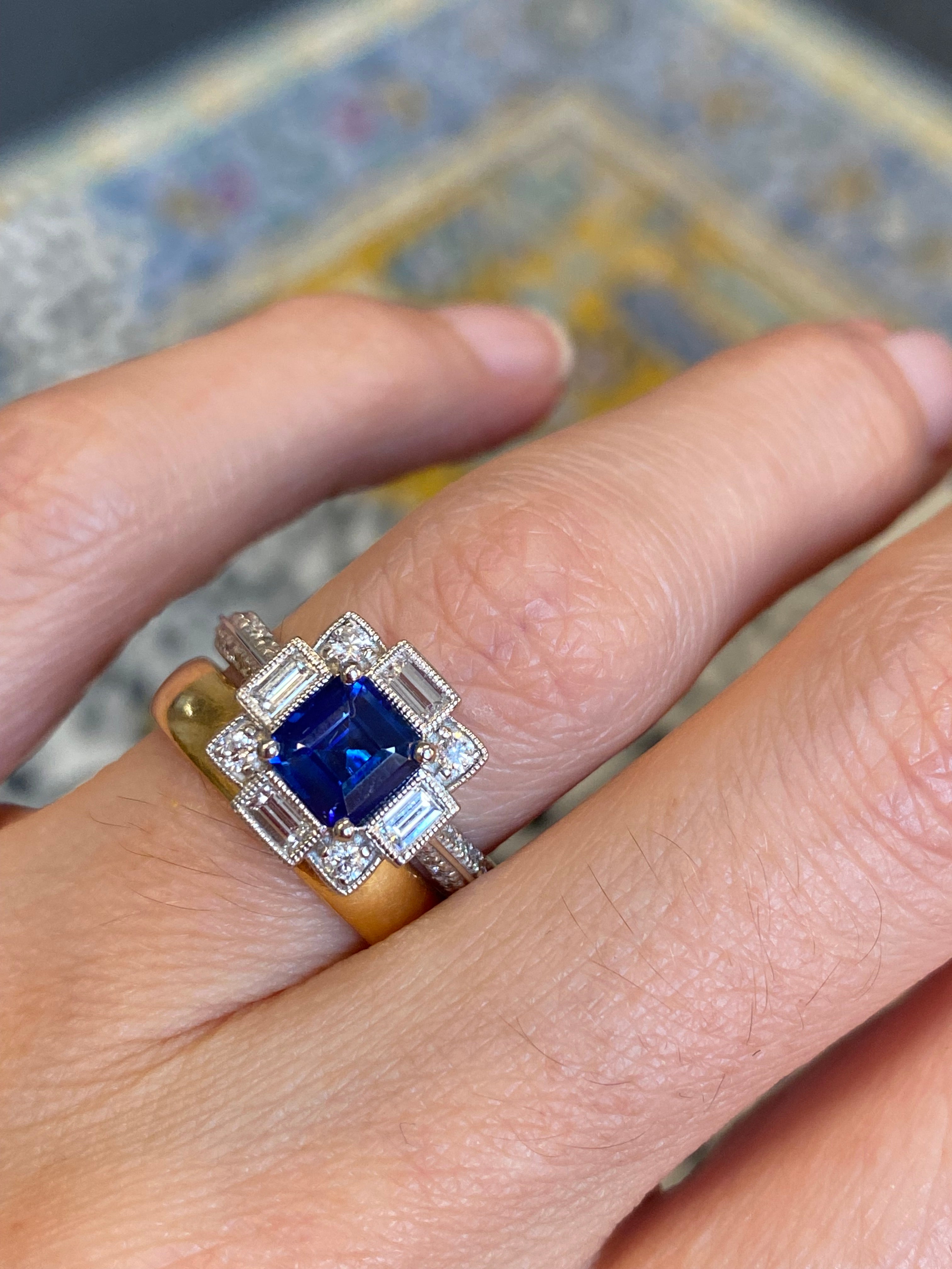 1.79 CTW Blue Ceylon Sapphire and Natural Diamond Art Deco Style Halo Ring in Platinum