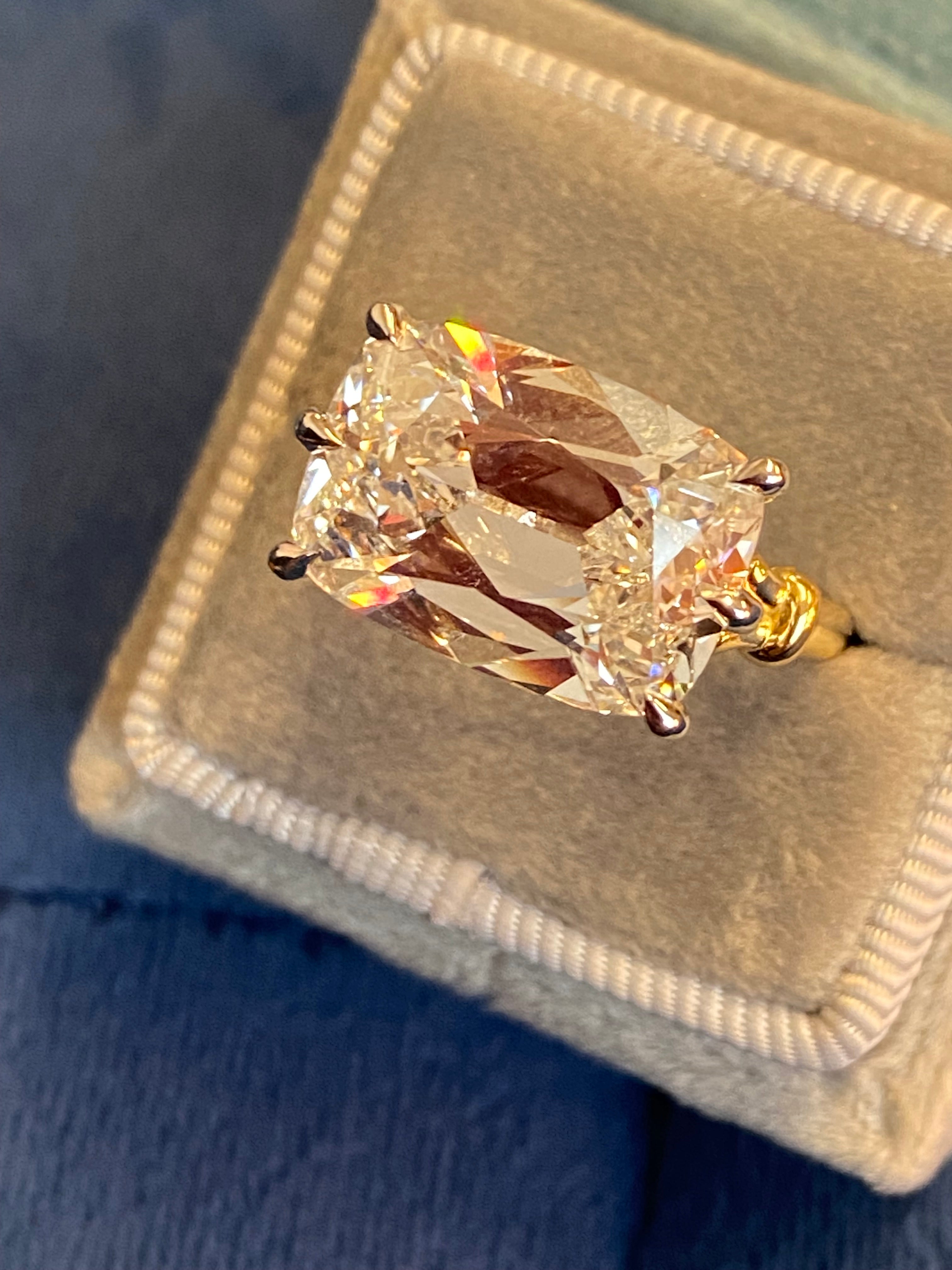 8.09 Carat Old Mine Cut Lab Diamond East West Solitaire Engagement Ring in 18ct Yellow Gold and Platinum