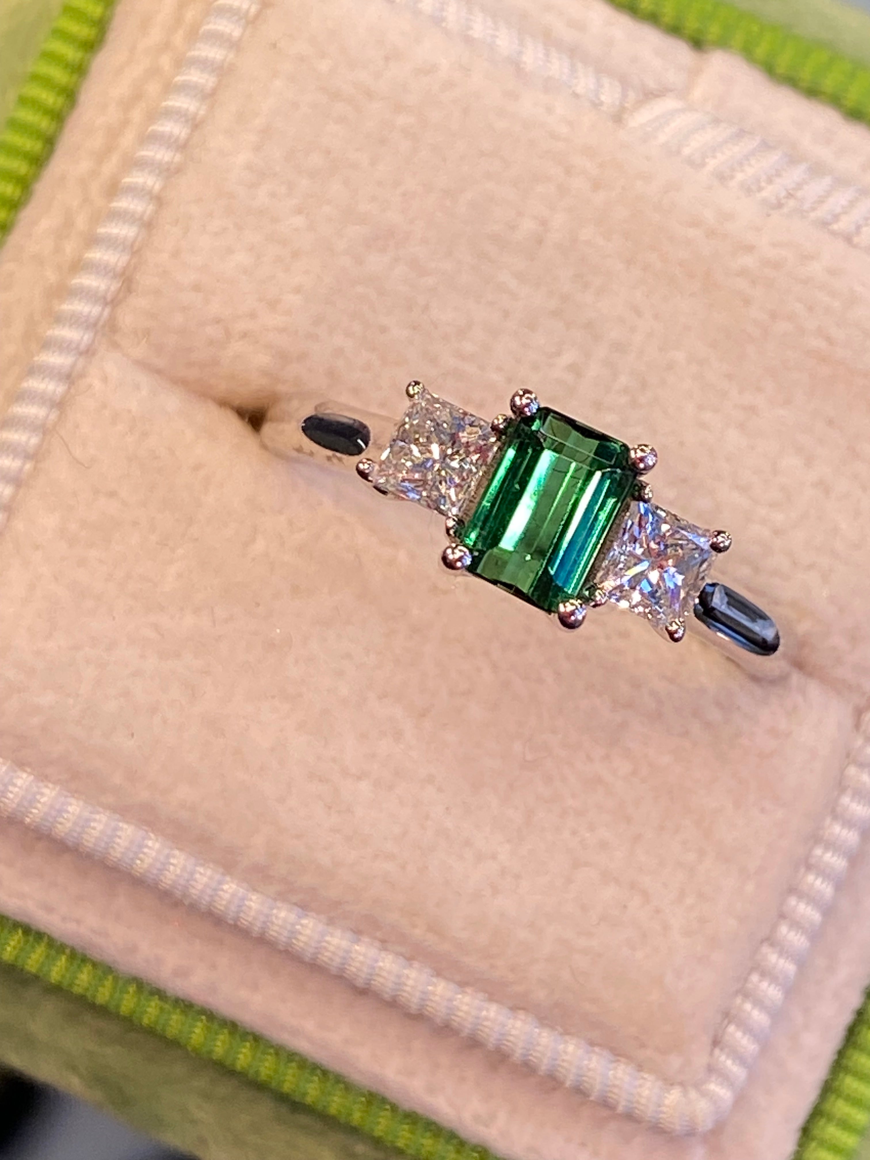 Beautiful Green Tourmaline and Natural Diamond Three Stone Ring in Platinum