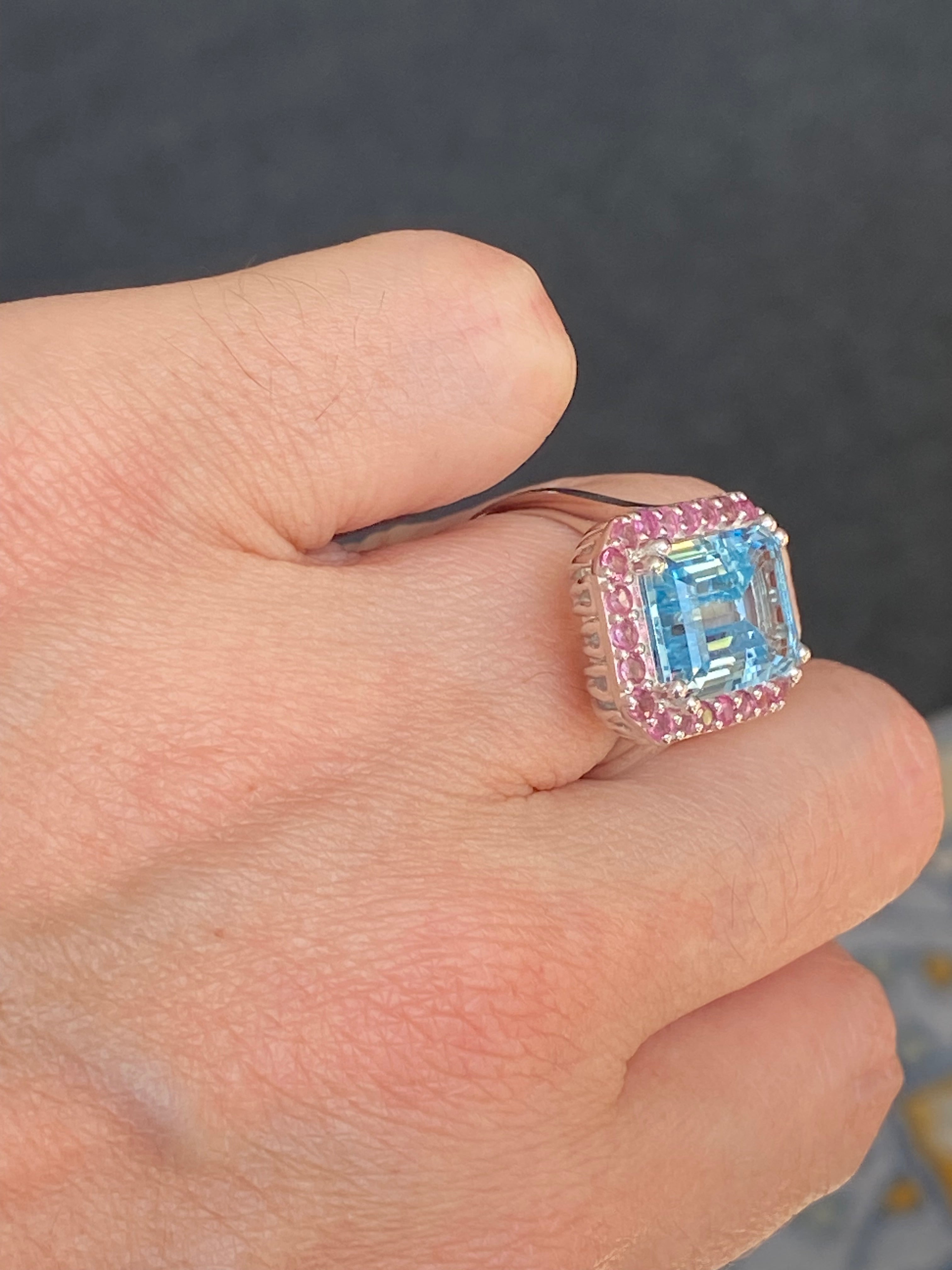 6.50 CTW Blue Topaz and Pink Tourmaline Halo Ring in Sterling Silver