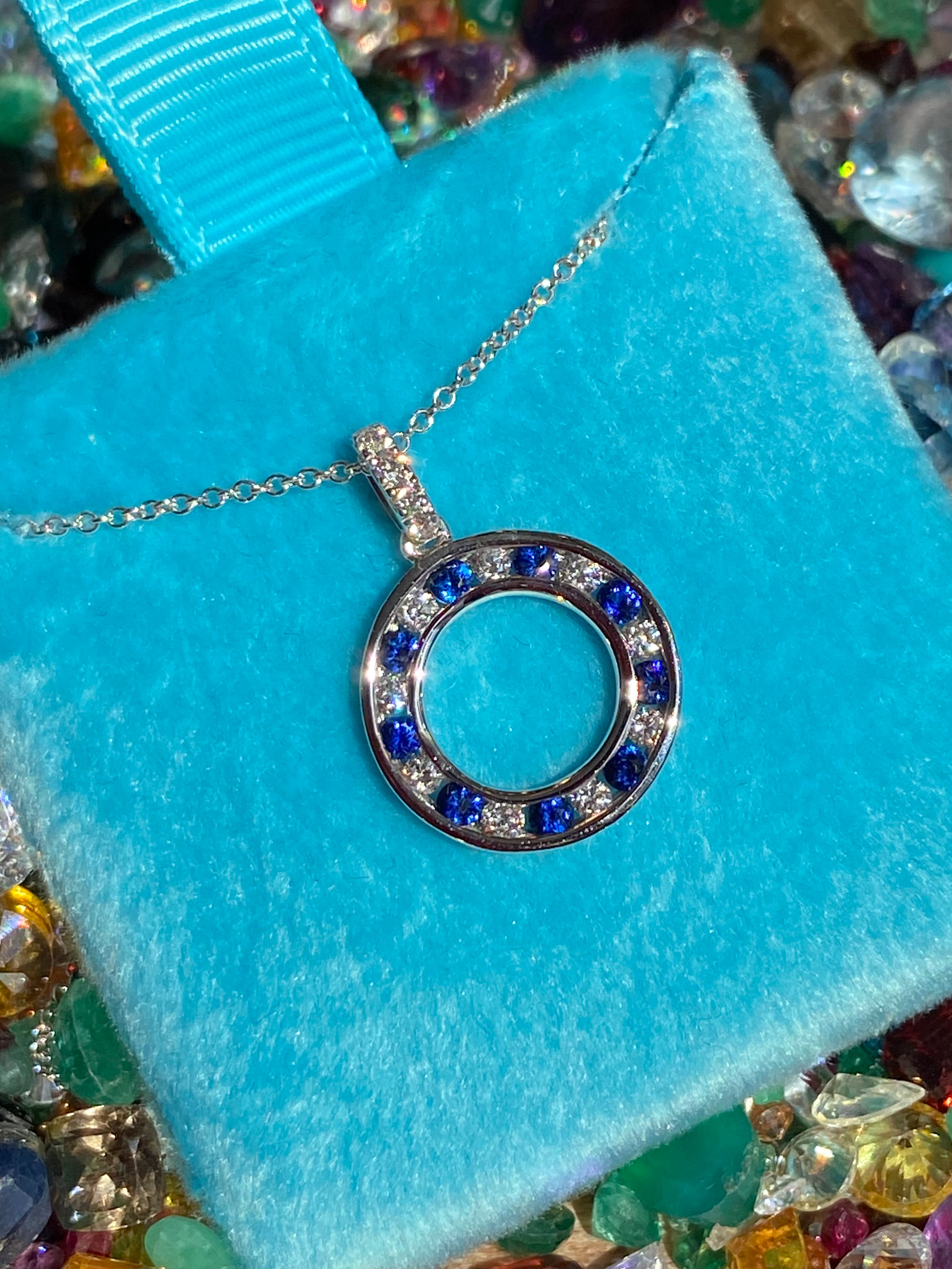 Beautiful Sapphire and Natural Diamond Pendant Necklace in 18ct White Gold
